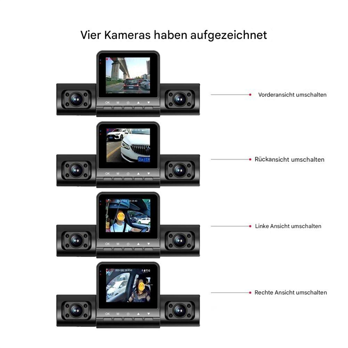 Vier Dashcam-Displays zeigen verschiedene Ansichten: vorne, hinten, links und rechts. Jedes Display hat einen kleinen Bildschirm und Kameras.