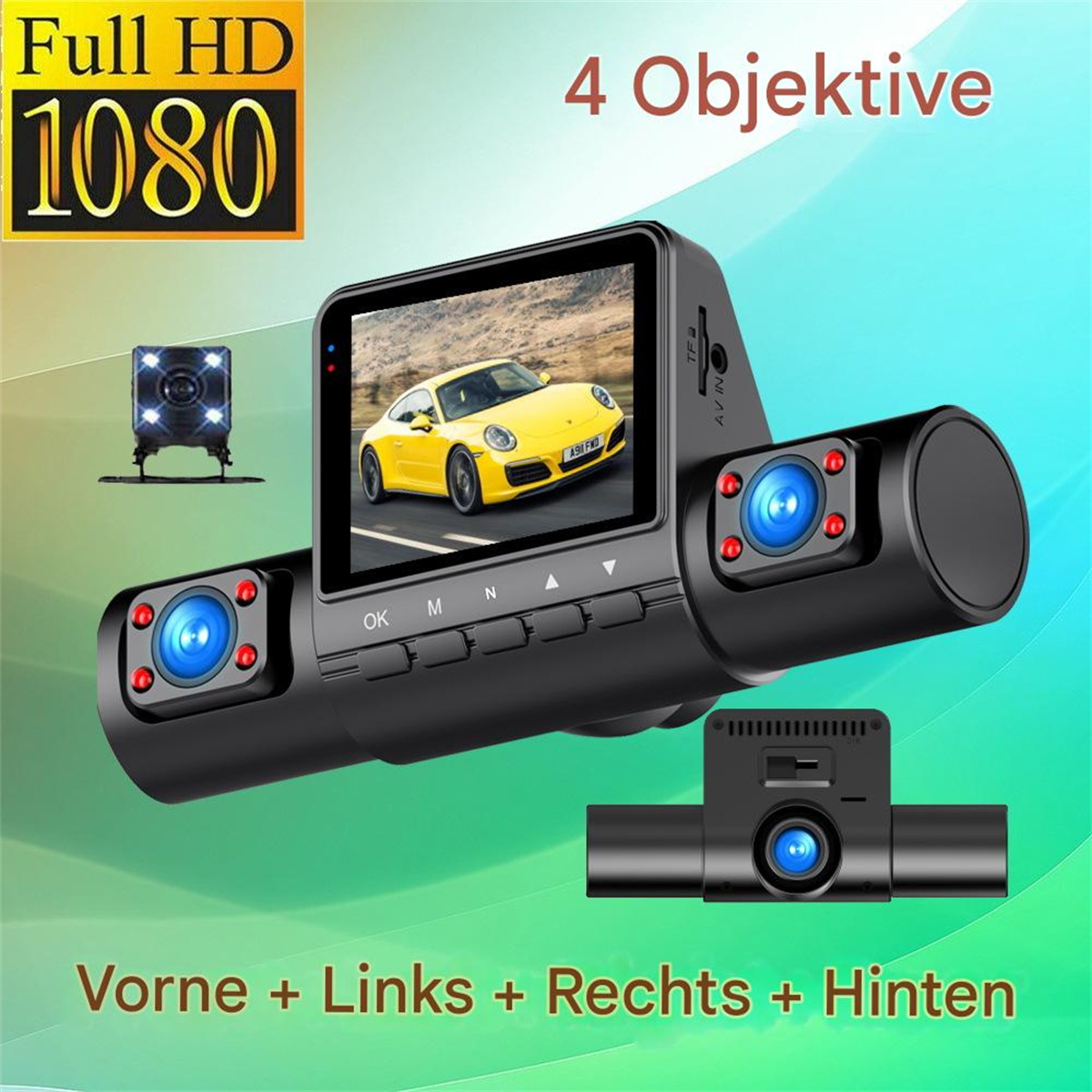 Ein Armaturenbrett mit vier Objektiven. Der Bildschirm zeigt ein gelbes Auto. Der Text lautet 'Full HD 1080' und 'Vorne + Links + Rechts + Hinten'.