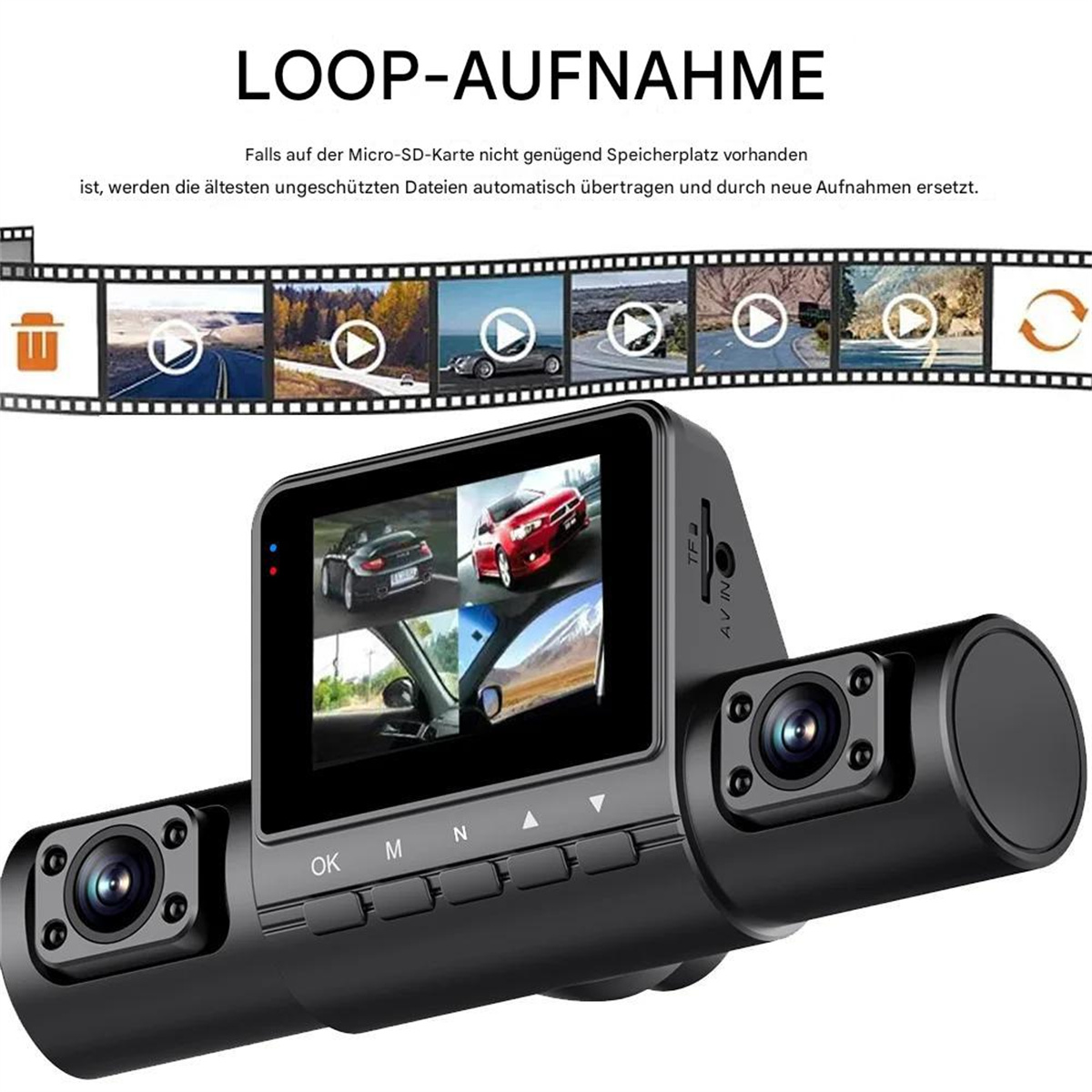 Schwarze Auto-Dashcam mit Bildschirm, der Autovideos zeigt. Oben steht der Text 'LOOP-AUFNAHME'. Es sind auch mehrere Symbole vorhanden.