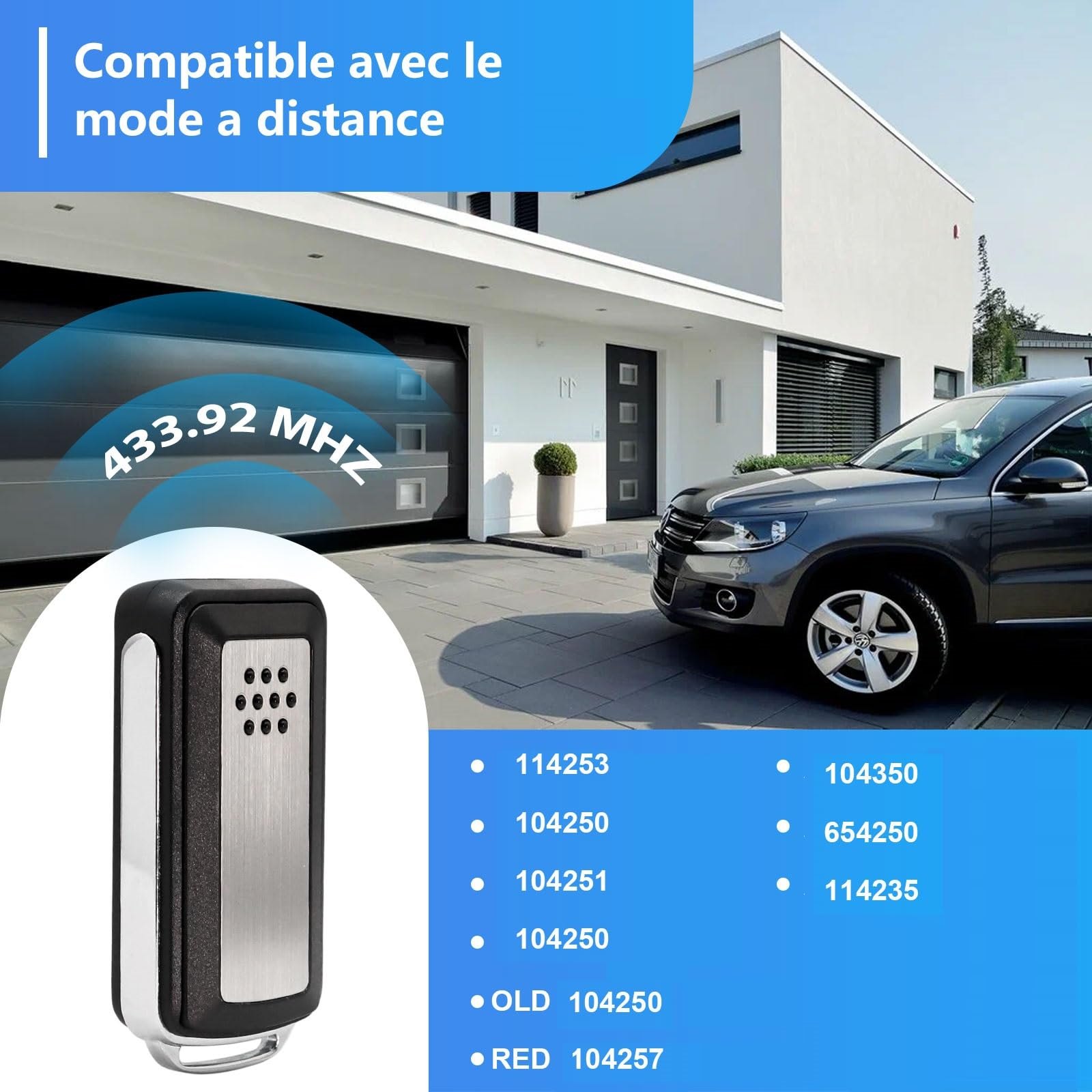 Eine Fernbedienung ist abgebildet, im Hintergrund ein Garagentor und ein Auto. Text enthält Frequenz- und Produktcodes.