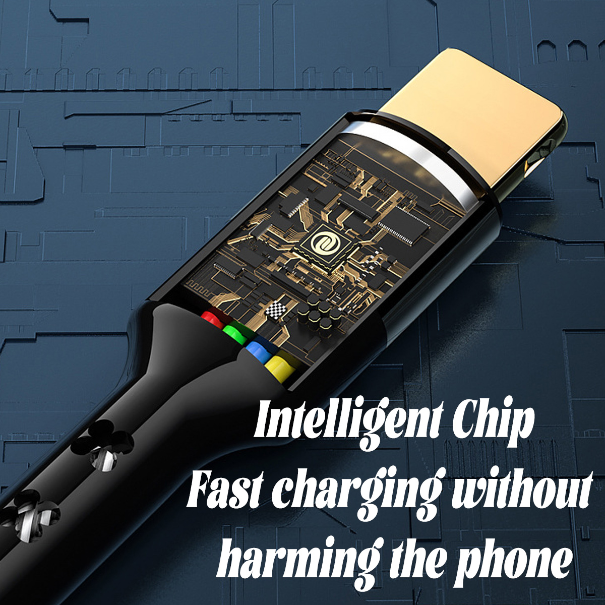 Nahaufnahme eines Ladekabels mit sichtbaren Innenkomponenten. Der Text lautet: Intelligent Chip, schnelles Laden ohne Beschädigung des Telefons.