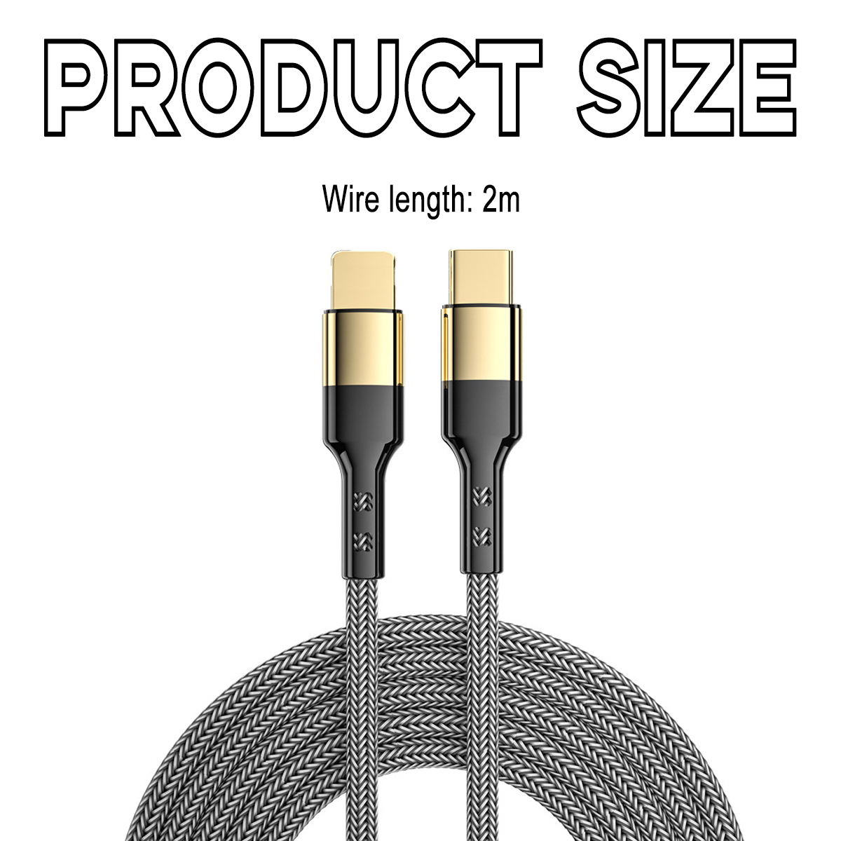 Zwei USB-C-Kabel, goldene Anschlüsse und schwarze Gehäuse, sind mit einem grauen geflochtenen Kabel verbunden. Text oben: PRODUKTGRÖSSE, Drahtlänge: 2m.