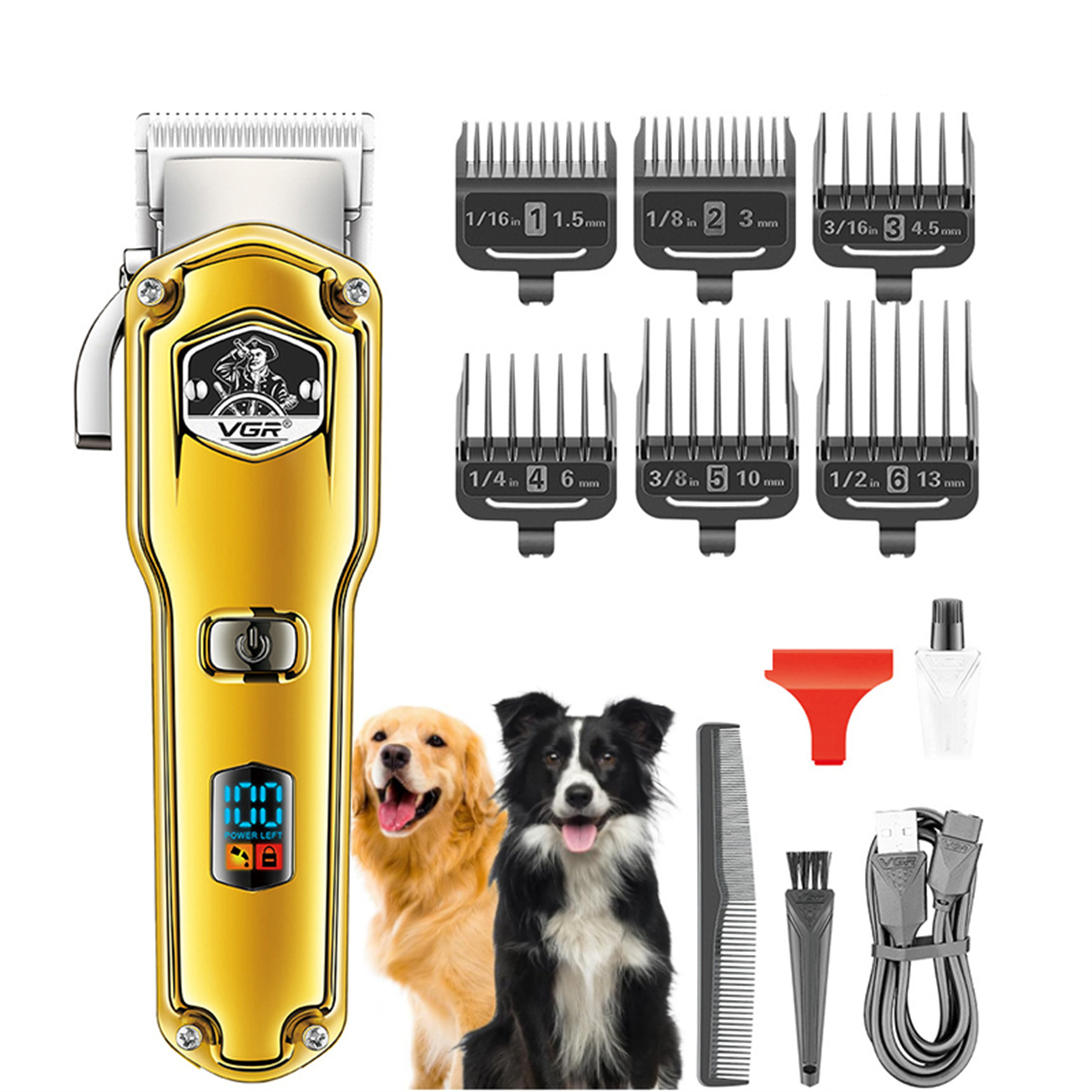 Ein goldenes Haarschneideset für Haustiere mit Zubehör, Aufsätzen und zwei Hunden: golden und schwarz-weiß.