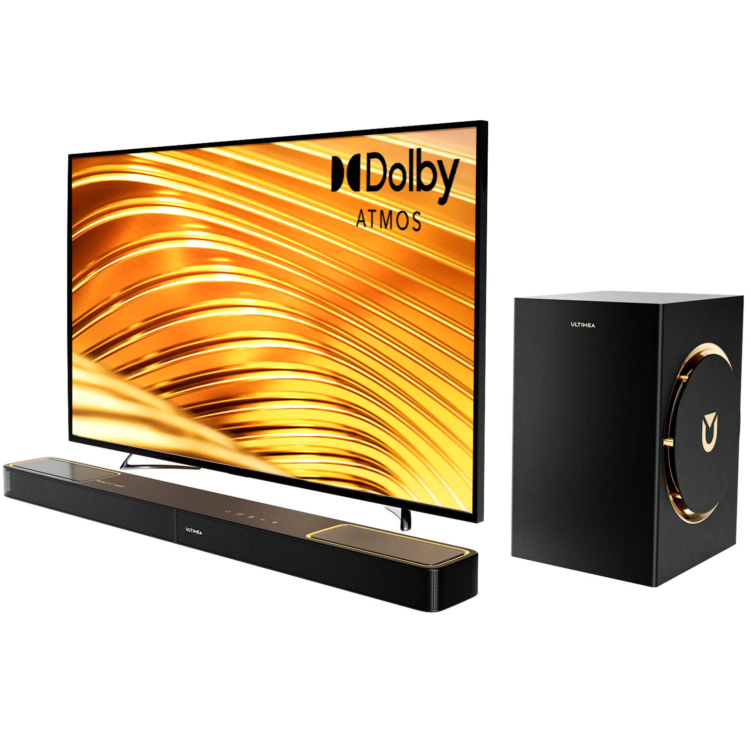 Wyświetlacz TV, soundbar i subwoofer. Telewizor wyświetla złoty wzór fal i logo Dolby Atmos.