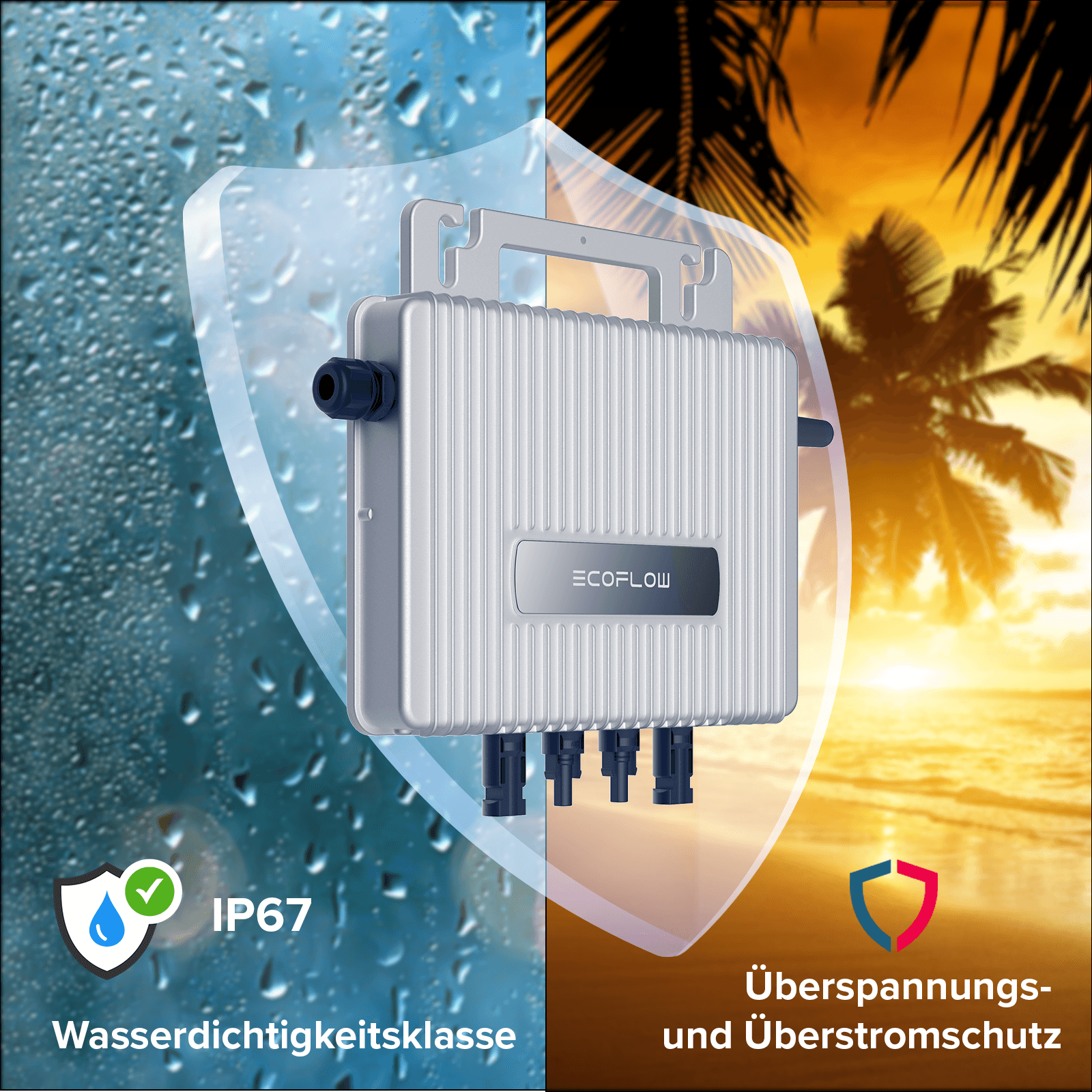 Ein silbernes ECOFLOW-Gerät vor Wassertropfen und Sonnenuntergang. Es hat IP67-Wasserbeständigkeit und Überspannungsschutz.