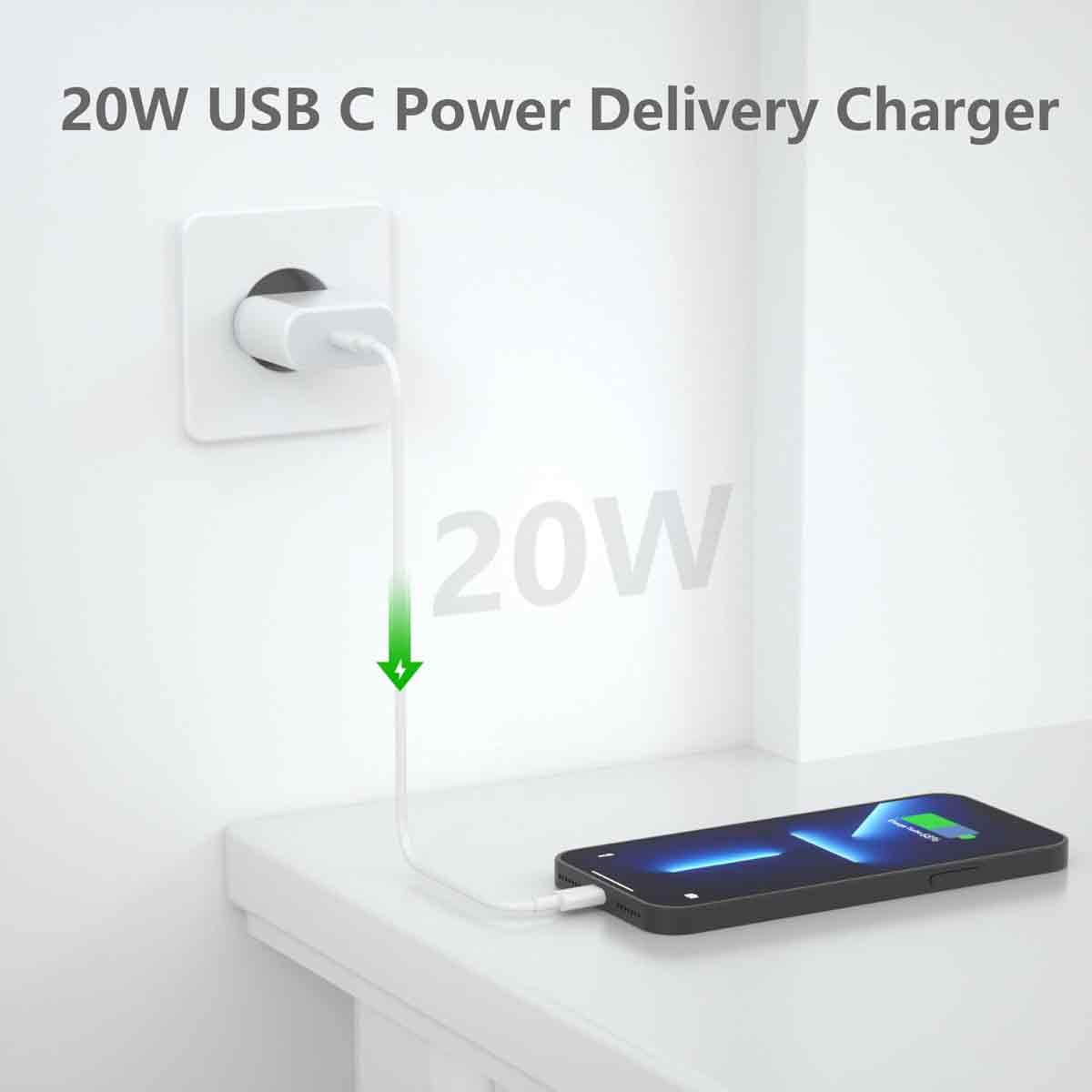 Ein Telefon, das mit einem weißen Kabel und einem 20-W-USB-C-Ladegerät aufgeladen wird. Das Telefon liegt auf einer weißen Oberfläche, und das Ladegerät ist an der Wand eingesteckt.