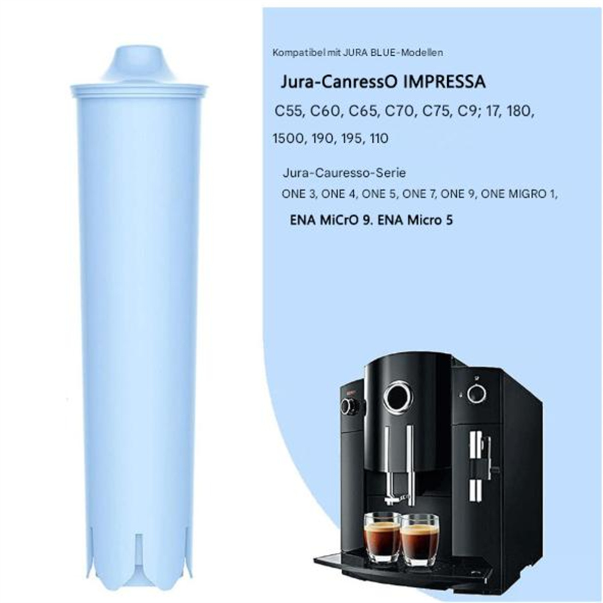 Ein hellblauer Wasserfilter neben einer schwarzen Kaffeemaschine. Text listet kompatible Modelle.