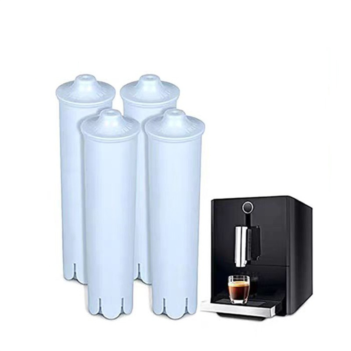 Vier weiße Wasserfilter und eine schwarze Espressomaschine mit einem Glas Kaffee.