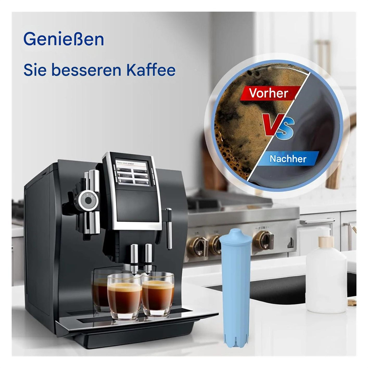 Eine Kaffeemaschine mit zwei Kaffeetassen, ein Vergleich der Kaffeequalität und ein blauer Wasserfilter werden angezeigt.