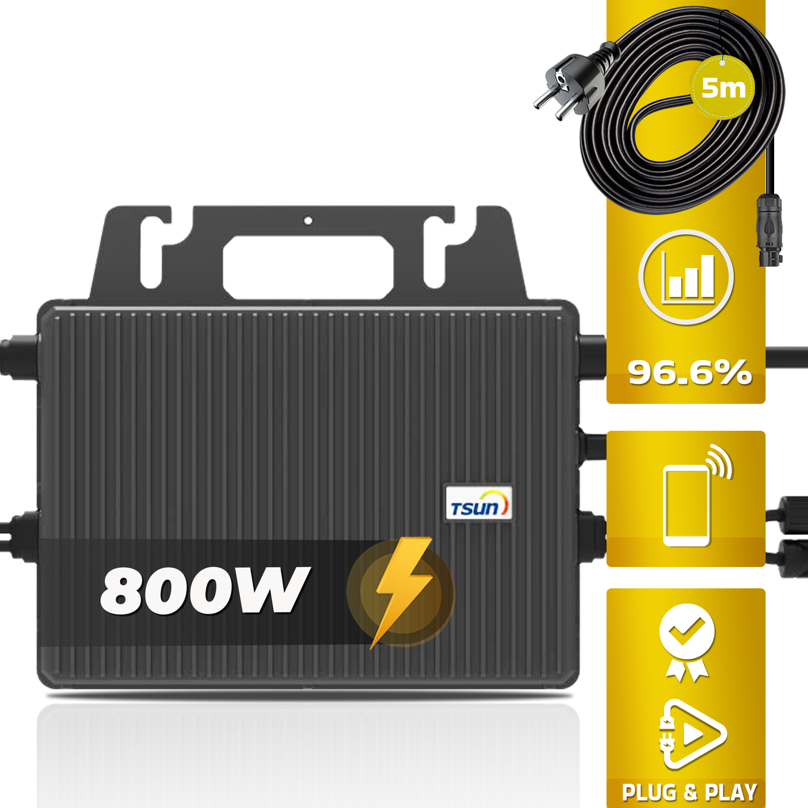 Ein schwarzer 800-W-Solarwechselrichter mit Stromkabel und Symbolen für Leistung, Konnektivität und Plug-and-Play-Funktionen.