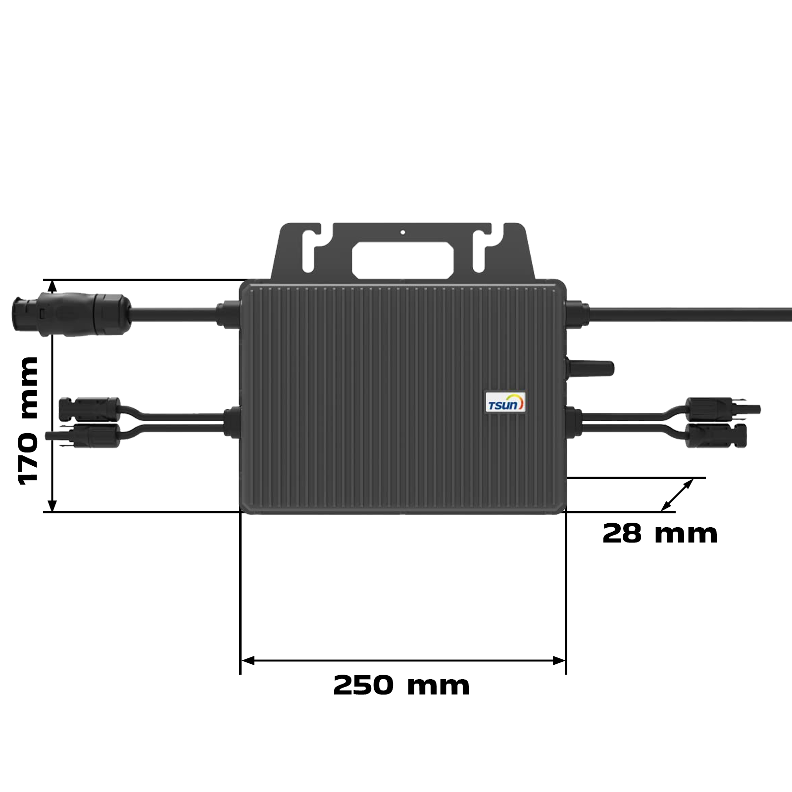 Ein dunkelgraues Solarmodul-Bauteil mit den Maßen 250x170x28 mm. Es hat ein Logo, Anschlüsse und Maße sind durch Linien angegeben.