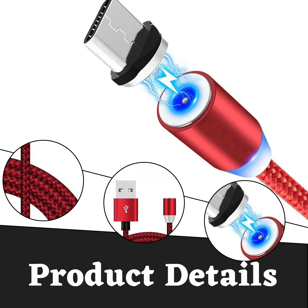 Ein rotes magnetisches Ladekabel mit USB-C-Anschluss. Produktdetails zeigen Nahaufnahmen des Kabels und der Anschlüsse.