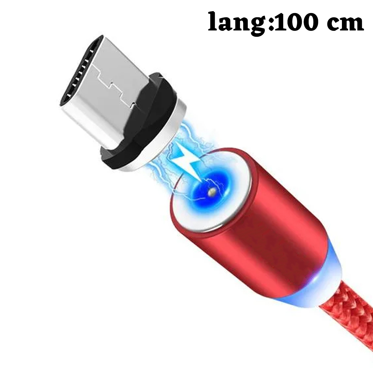 Ein rotes und silbernes USB-C-Ladekabel mit blauem Leuchten und Blitzsymbol, beschriftet mit 'lang:100 cm'.