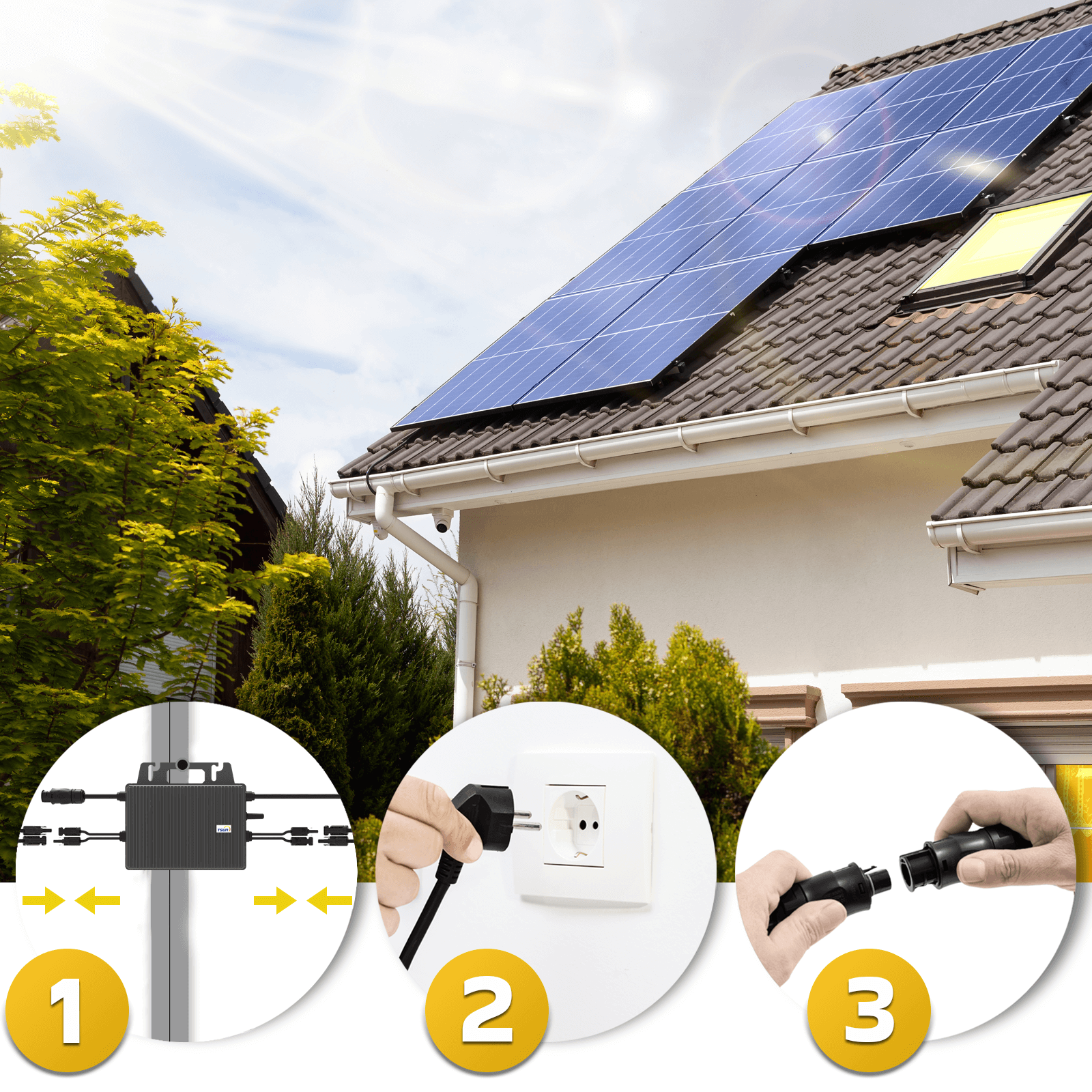 Das Bild zeigt Solarpanels auf einem Dach mit Installationsschritten: Kabel anschließen, in eine Steckdose stecken und Stecker verbinden.