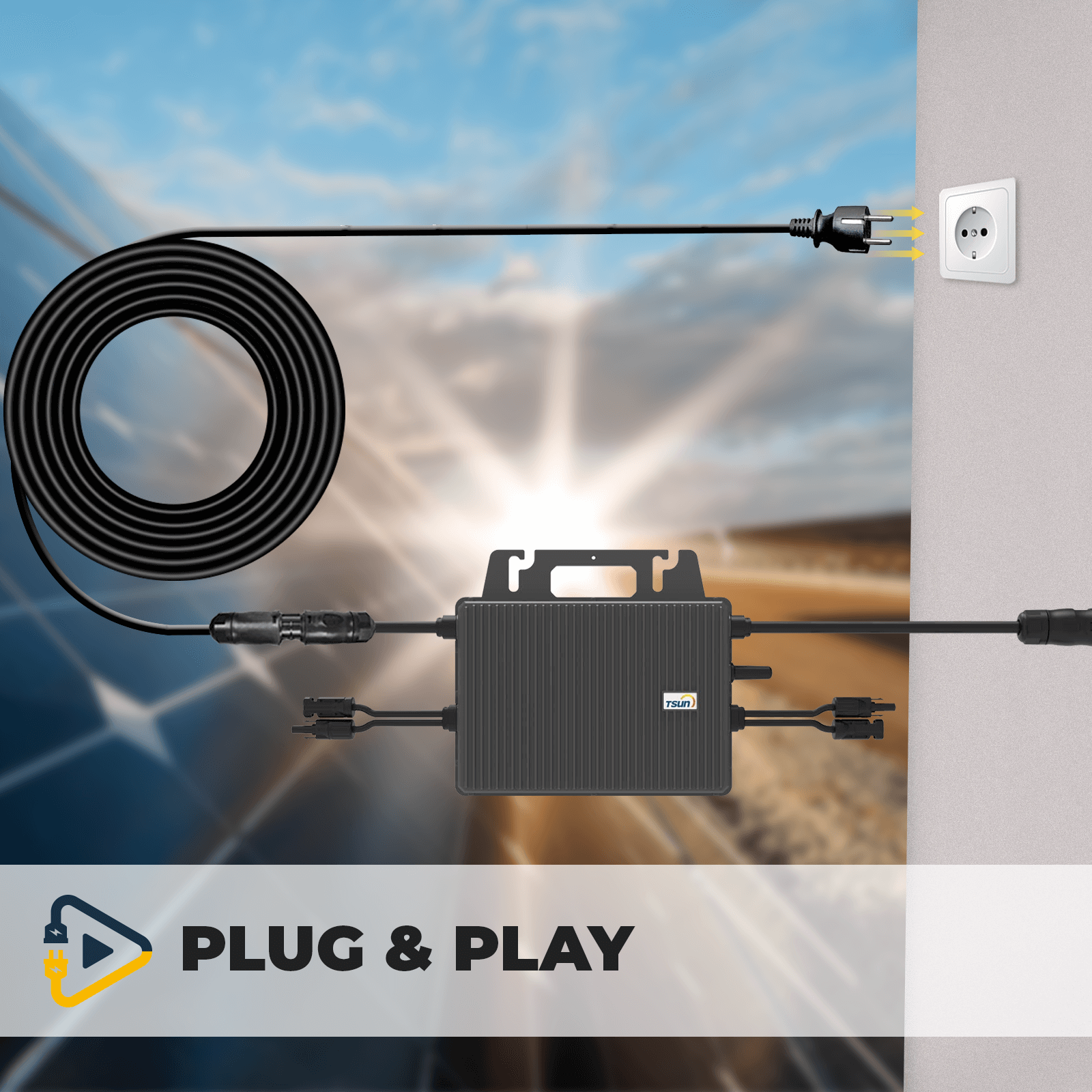 Ein schwarzes Kabel verbindet ein Solaranlagensystem mit einer Steckdose. Eine zentrale Box hat das Logo 'TSUN'.