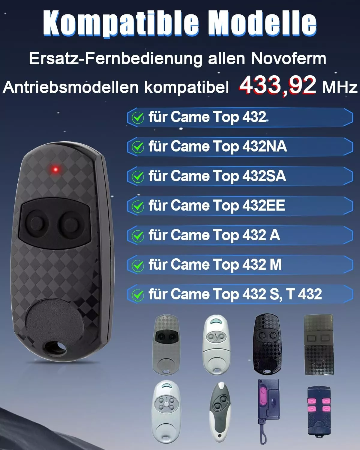 Das Bild zeigt Fernbedienungen. Der obere Text lautet 'Kompatible Modelle'. Darunter steht 'Ersatz-Fernbedienung' und '433,92 MHz'.