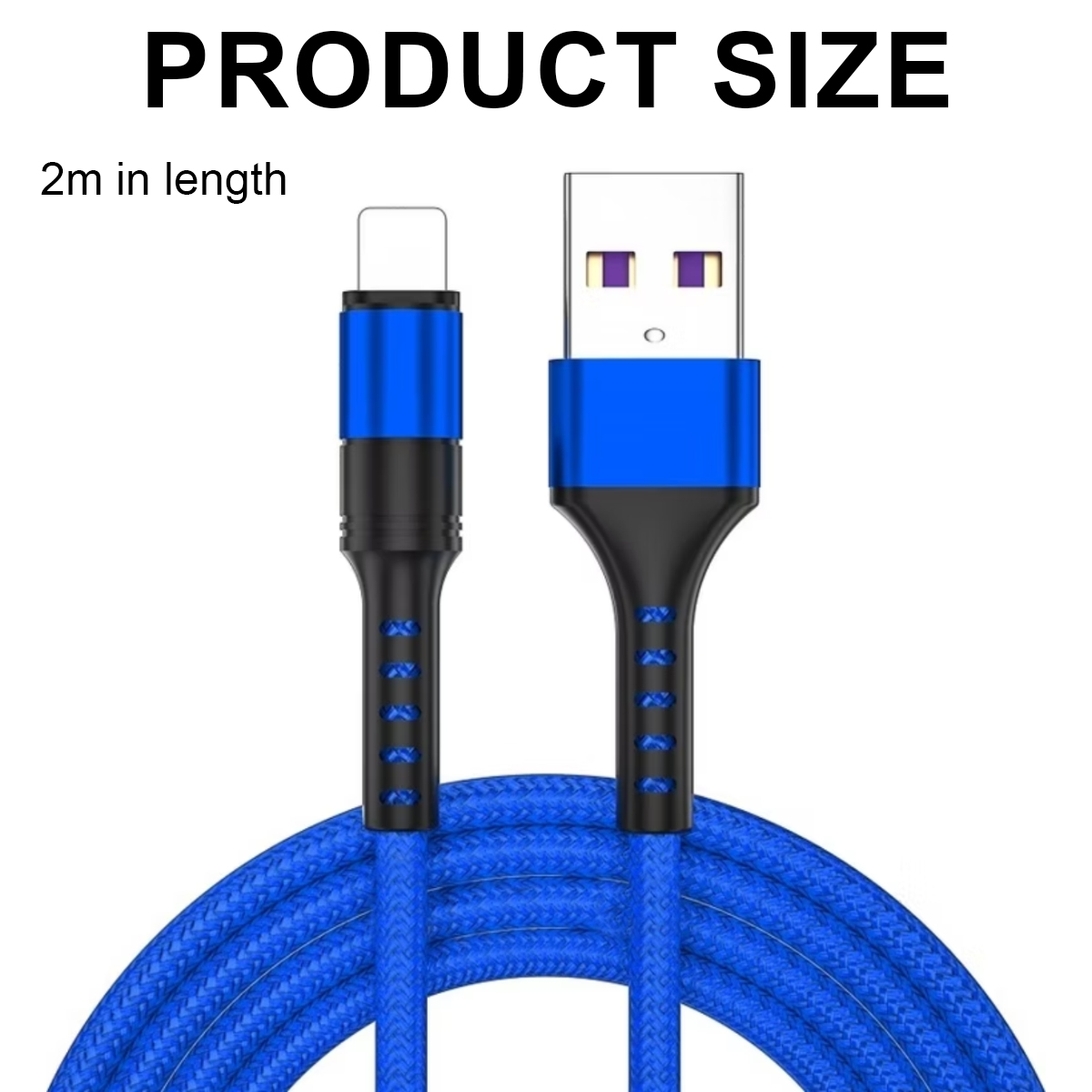 Ein blaues USB-Ladekabel, 2 m lang, mit einem USB- und einem Lightning-Anschluss. Das Kabel ist geflochten und schwarz und blau.