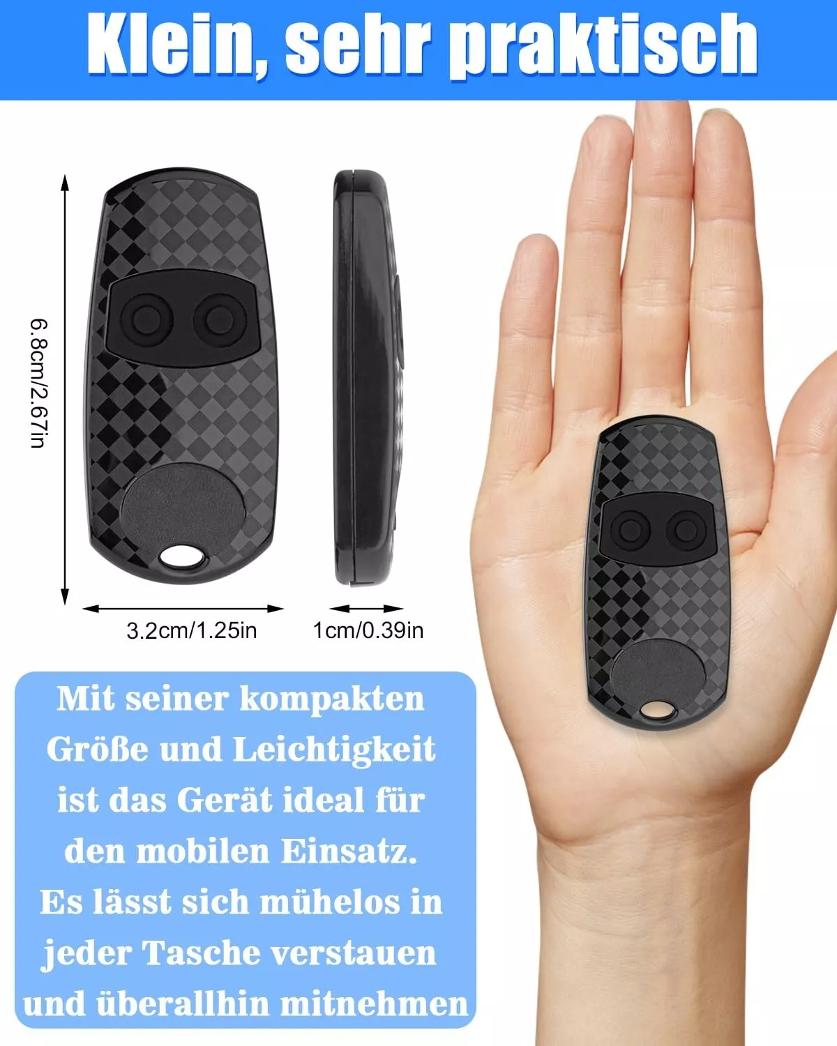 Eine kleine schwarze Fernbedienung in der Hand. Abmessungen sind angegeben. Text erwähnt kompakte Größe und einfache Tragbarkeit.