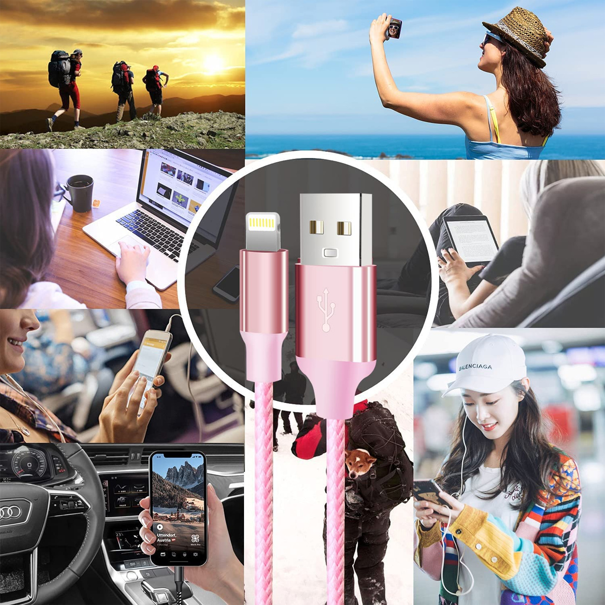 Eine Collage, die Menschen beim Wandern, Fotografieren, Verwenden von Laptops, Telefonen und einem Tablet zeigt. Ein rosa USB-Kabel befindet sich in der Mitte.