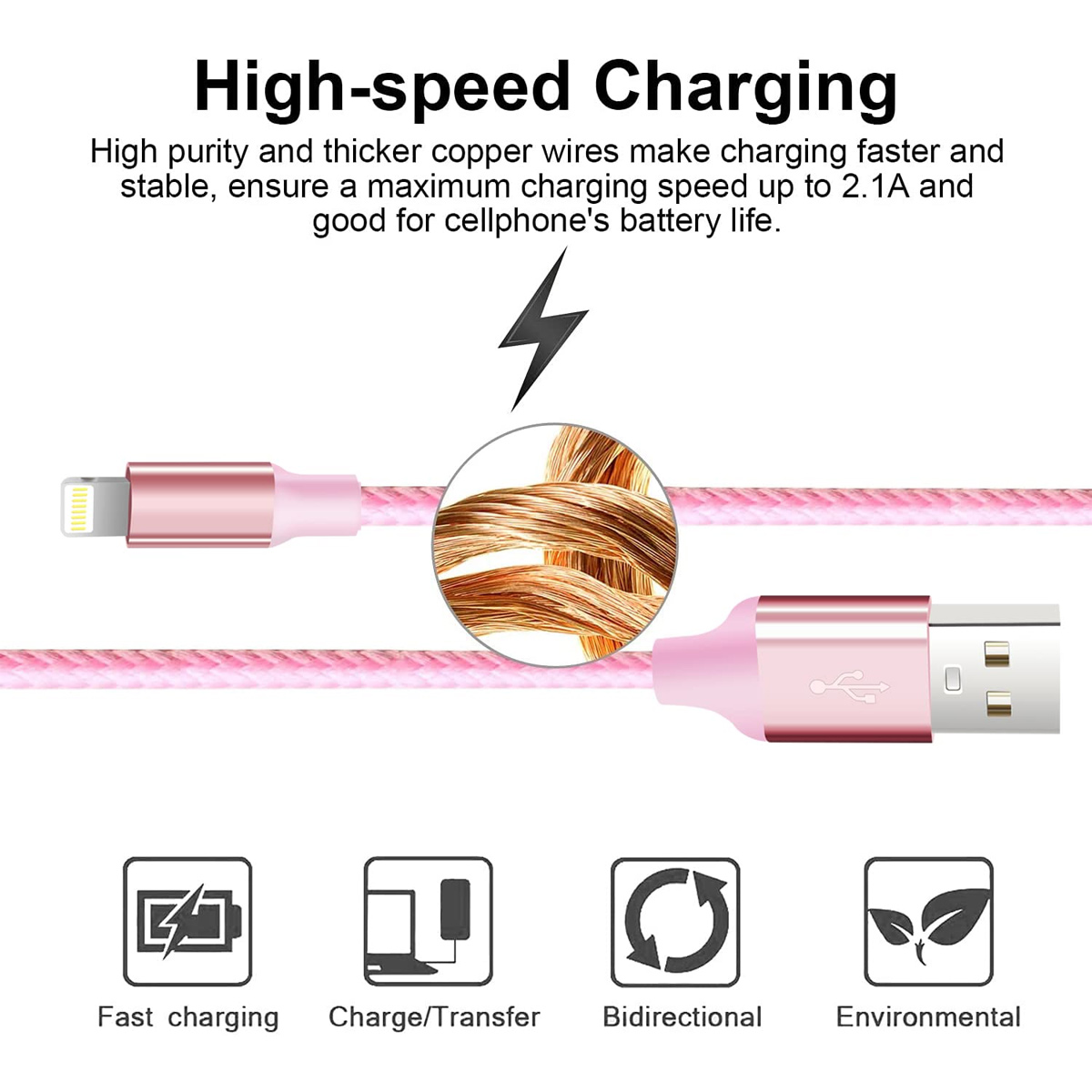 Rosa Ladekabel mit USB- und Lightning-Anschluss. Zu den Merkmalen gehören schnelles Laden, Laden/Übertragen, bidirektional und umweltfreundlich.