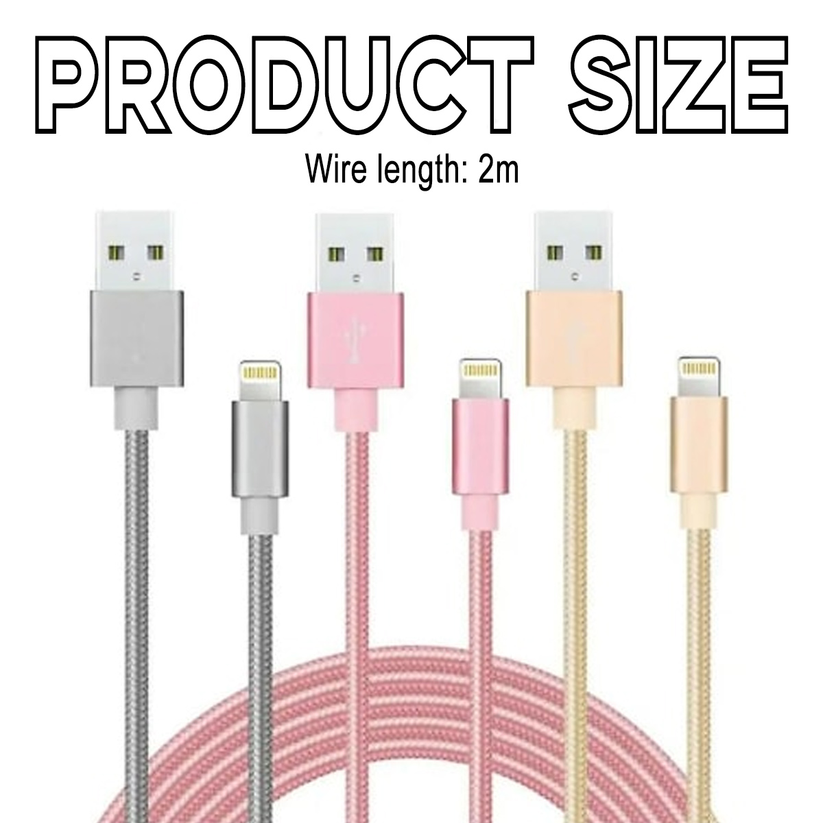 Das Bild zeigt fünf Ladekabel, USB zu Lightning, in Silber, Rosa und Gold. Der Text oben lautet 'Produktgröße'.