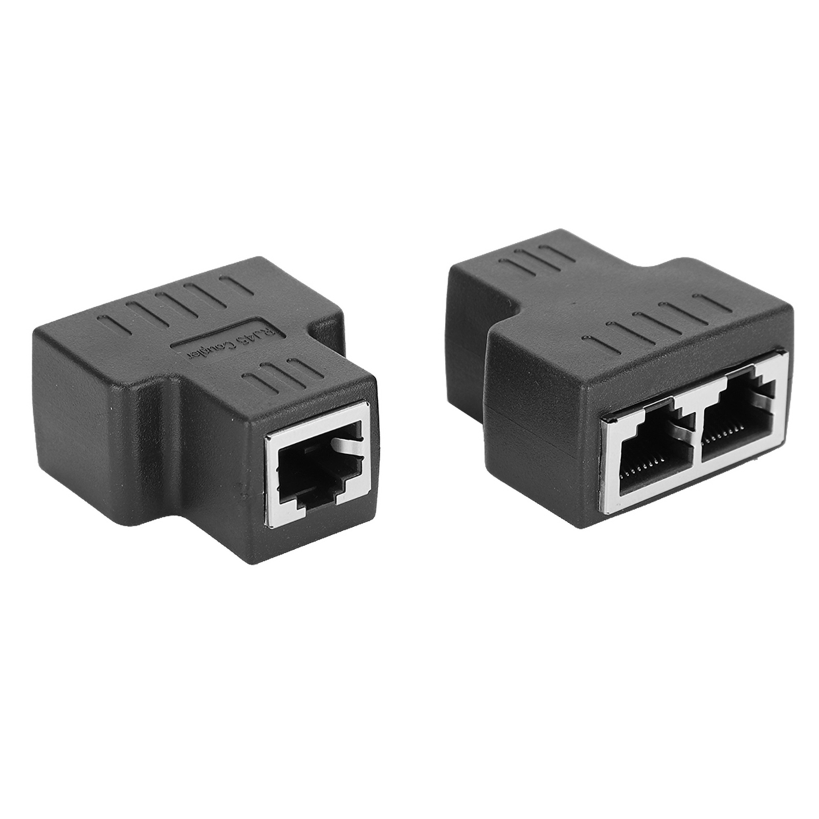 Zwei schwarze RJ45-Kupplungsadapter auf weißem Untergrund. Einer hat einen Anschluss, der andere zwei.