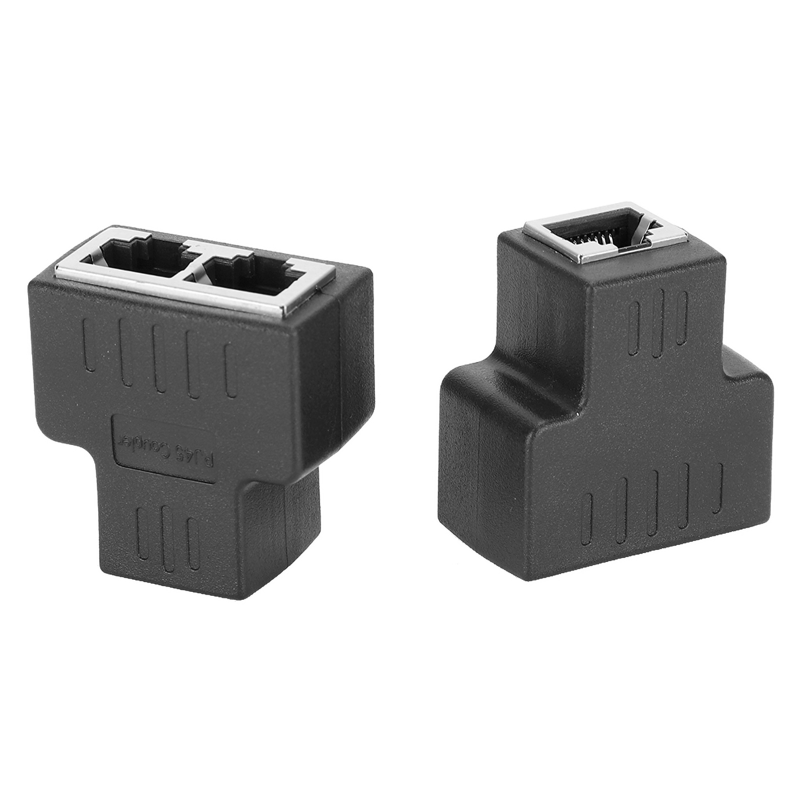 Zwei schwarze RJ45-Kupplungsadapter sind abgebildet. Einer hat zwei Anschlüsse, der andere einen. Beide haben Metallrahmen.
