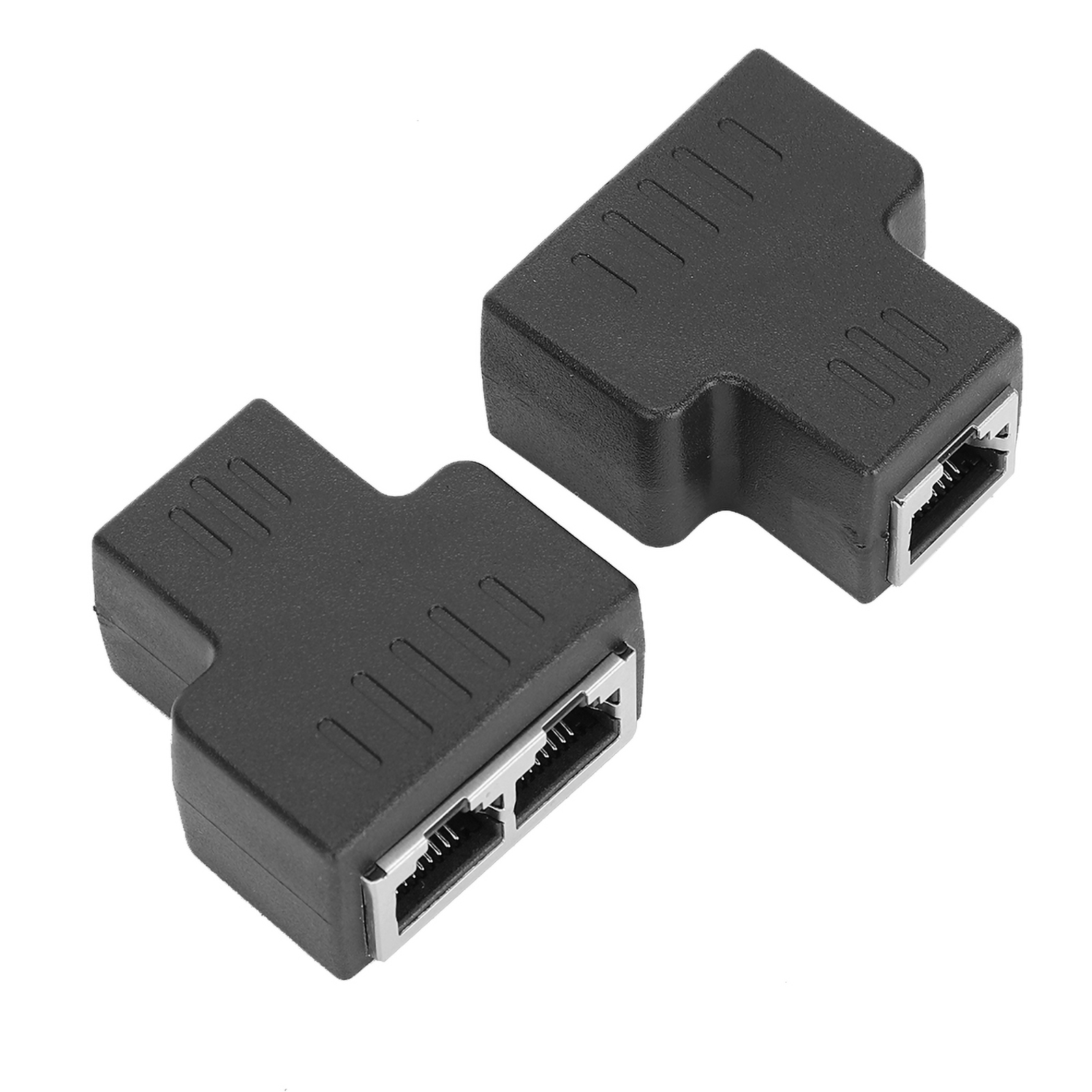 Zwei schwarze, T-förmige Netzwerkkabel-Splitter auf weißem Hintergrund. Jeder hat mehrere Anschlüsse.