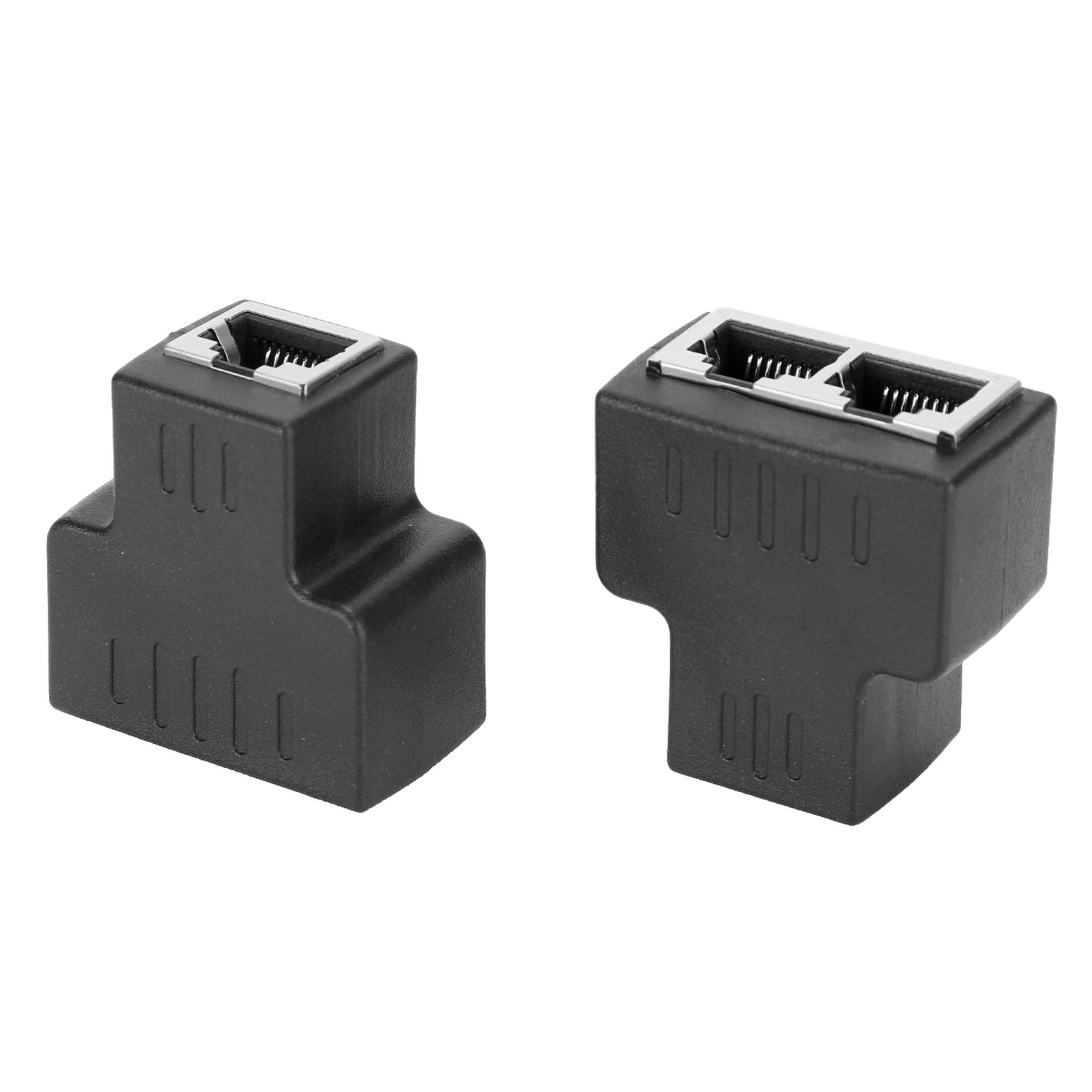 Zwei schwarze Netzwerk-Kabelteiler. Jeder hat einen silbernen Stecker und mehrere Pins.