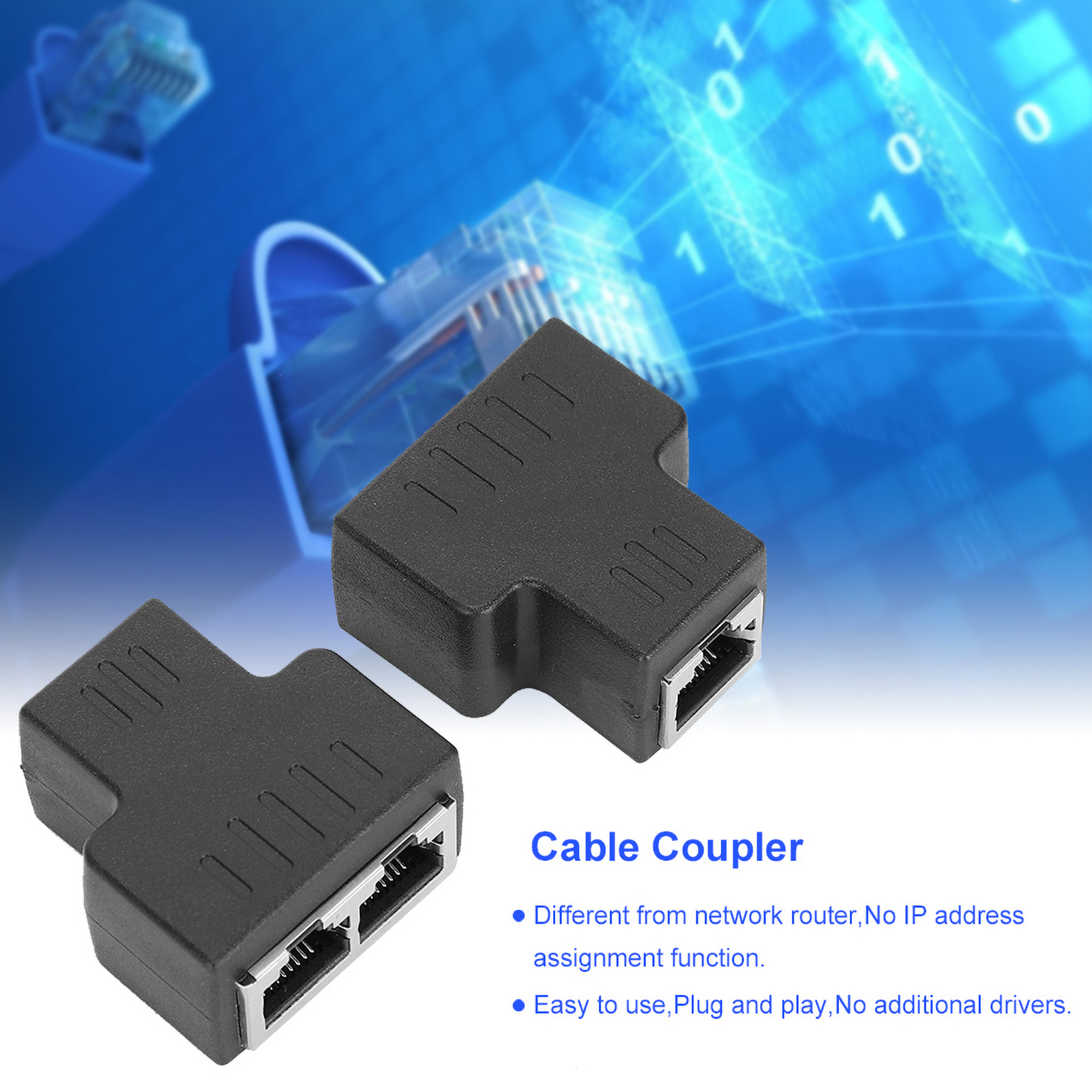 Zwei schwarze Kabelkoppler auf blauem Hintergrund, beschriftet mit 'Cable Coupler'.