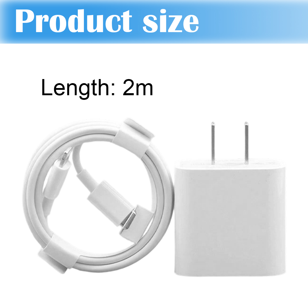 Ein weißes Ladekabel und ein Netzteil werden angezeigt. Der Text oben lautet 'Produktgröße' und 'Länge: 2m'.