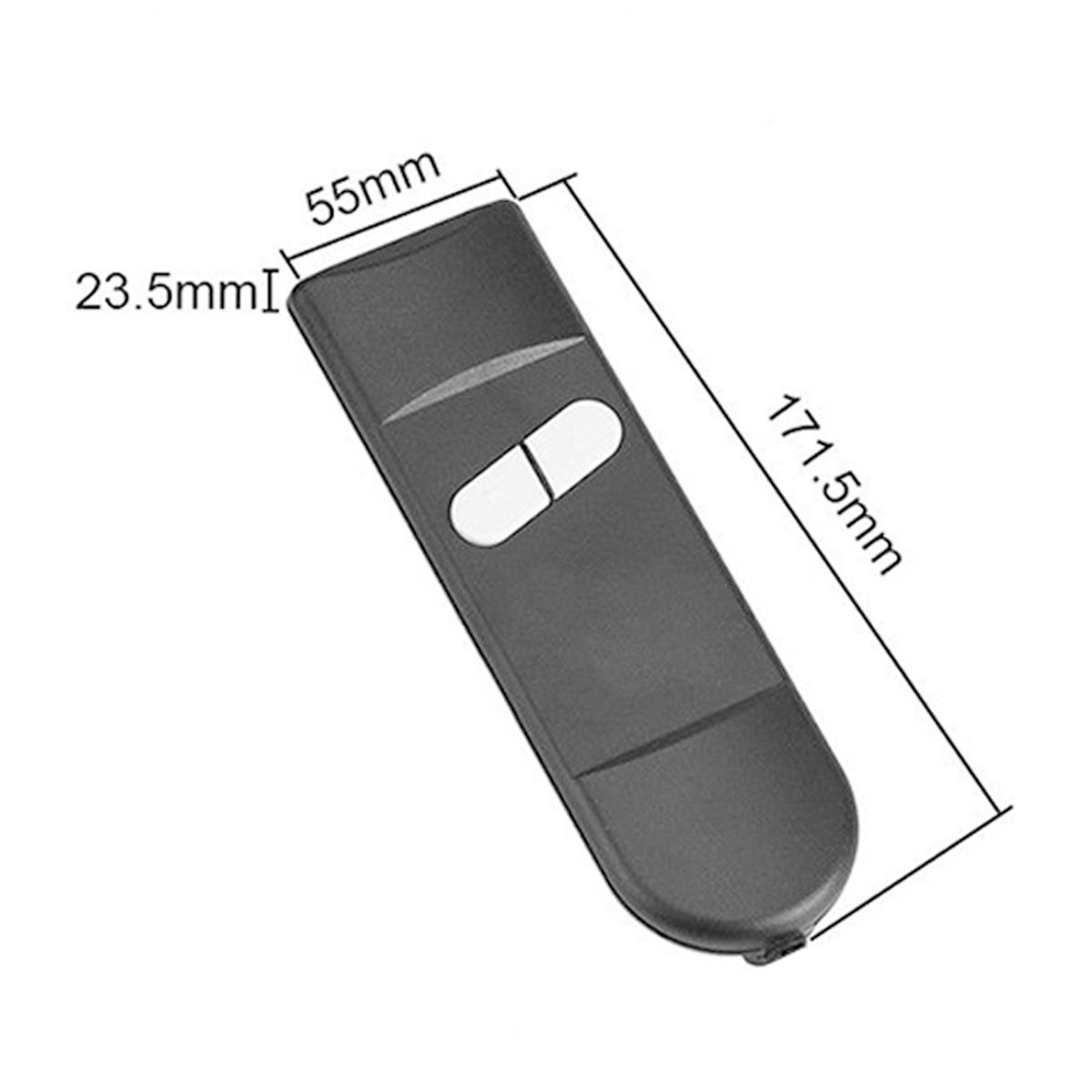 Eine graue Fernbedienung mit zwei weißen Knöpfen. Abmessungen sind beschriftet: 55 mm breit, 23,5 mm dick und 171,5 mm lang.