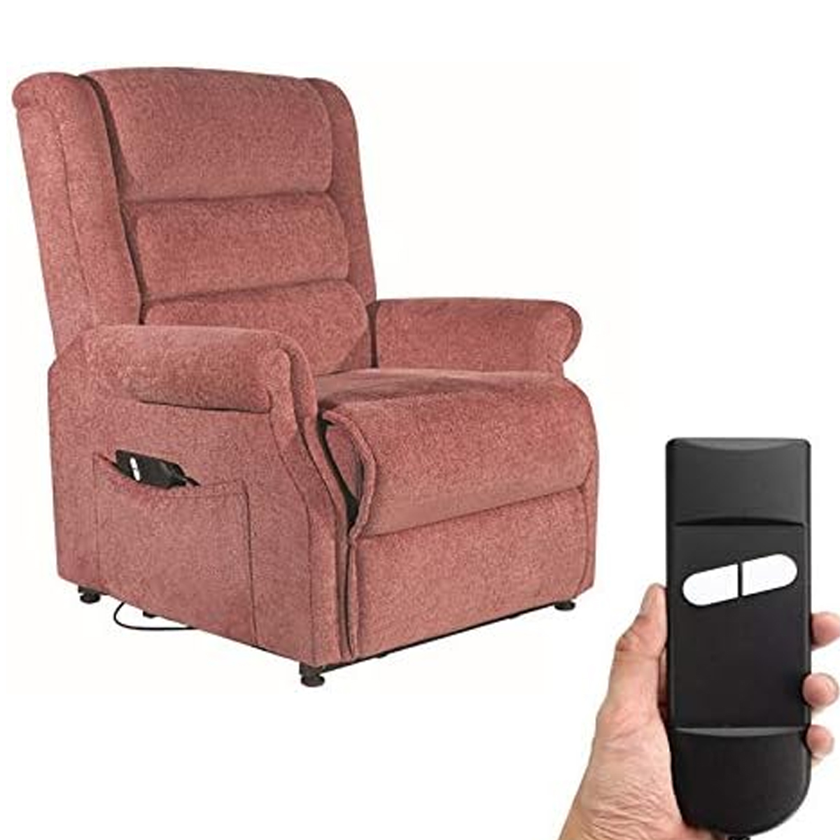 Ein rosafarbener Relaxsessel mit Fernbedienung in der Hand. Der Stuhl hat eine Tasche an der Seite. Die Fernbedienung hat zwei weiße Knöpfe.