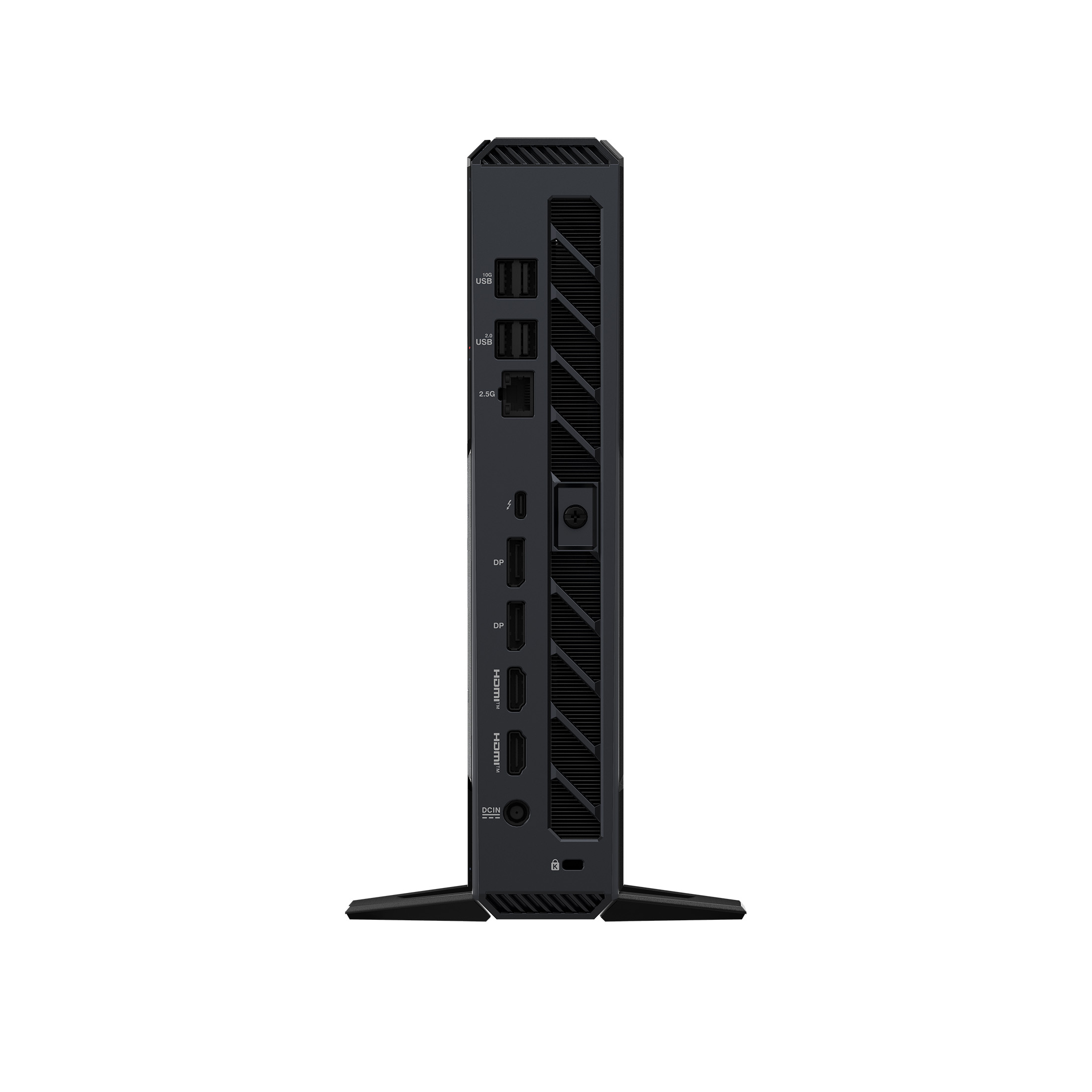 Ein schwarzer Computerturm mit USB-, HDMI- und DP-Anschlüssen, der auf weißem Hintergrund steht.