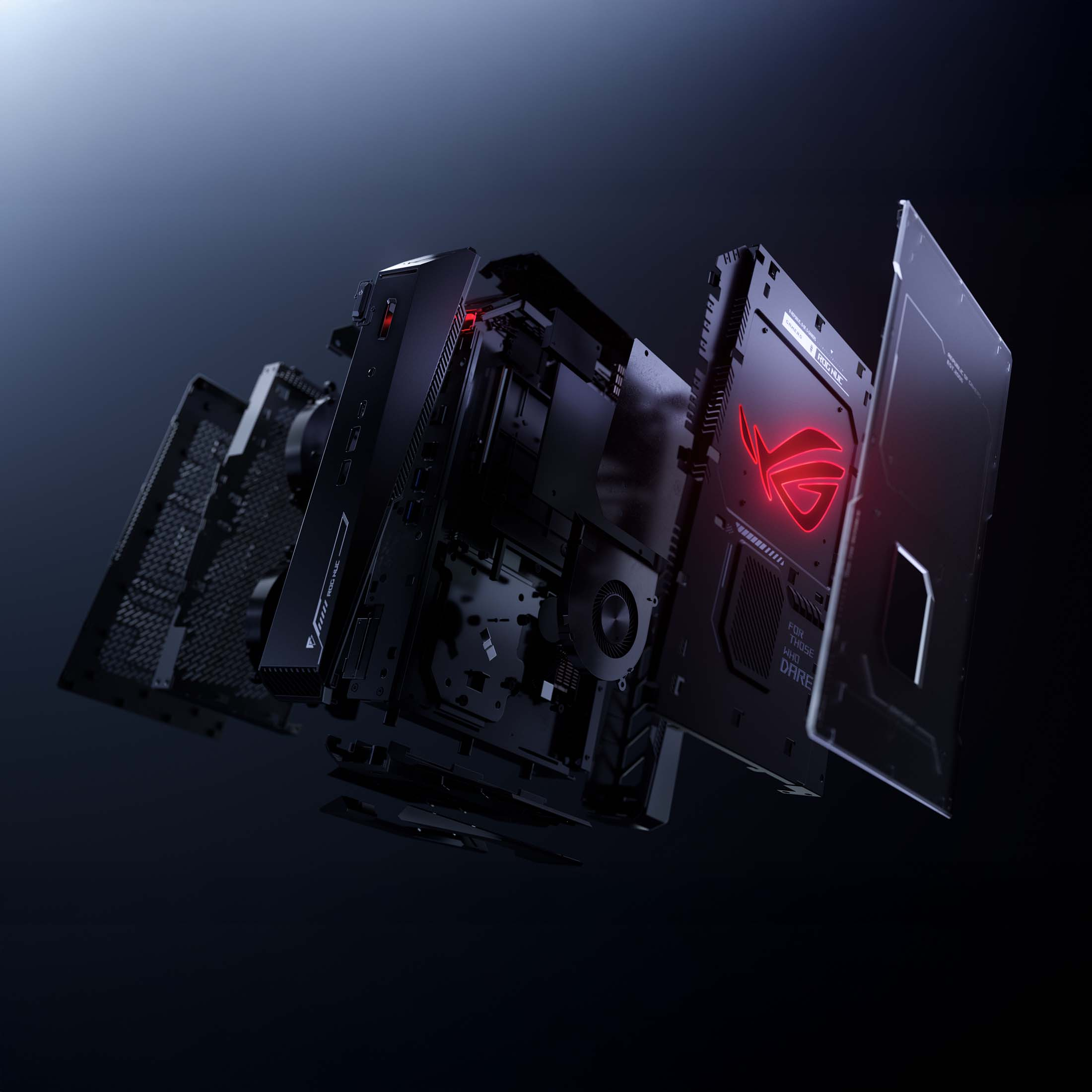 Explosionsansicht eines schwarzen Computers. Teile sind getrennt, zeigen interne Komponenten und das ROG-Logo. Dunkler Hintergrund.