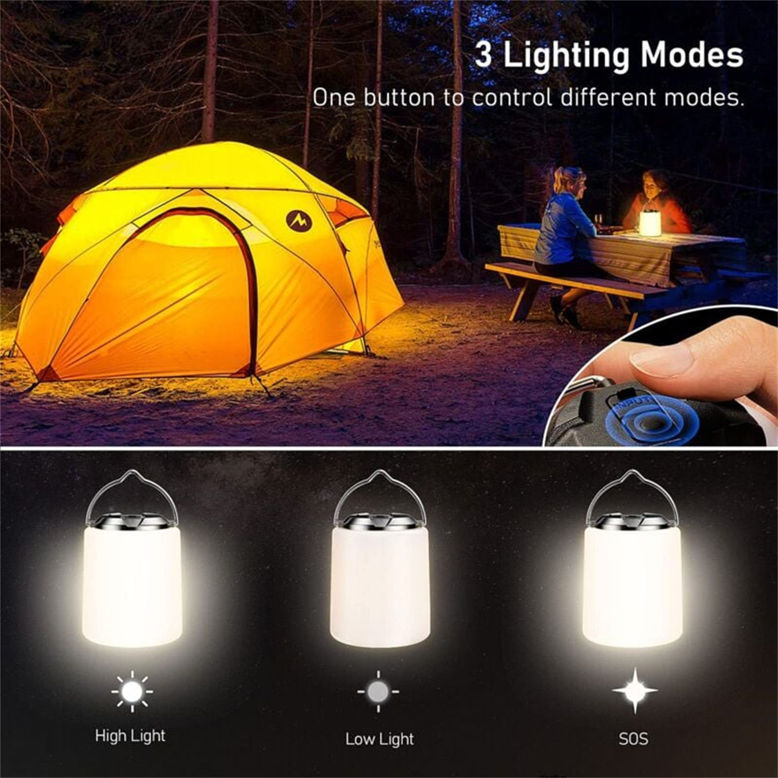 Eine Campingszene mit gelbem Zelt, Lichtern und Personen. Zeigt 3 Beleuchtungsmodi. Eine Hand bedient eine Laterne.