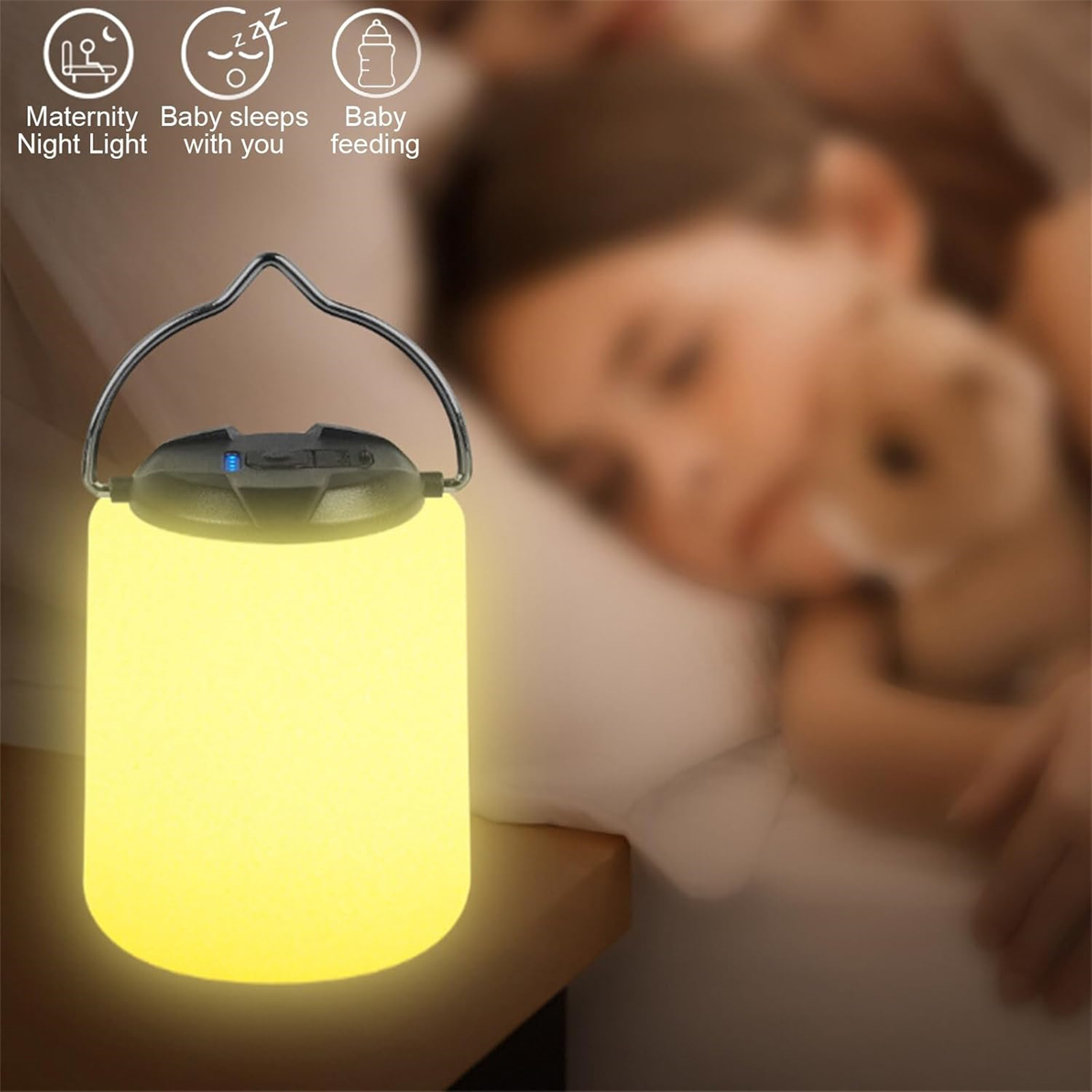 Ein Nachtlicht beleuchtet ein Schlafzimmer, in dem eine Person schläft. Symbole deuten darauf hin, dass das Licht für Mutterschaft, Babyschlaf und Ernährung gedacht ist.