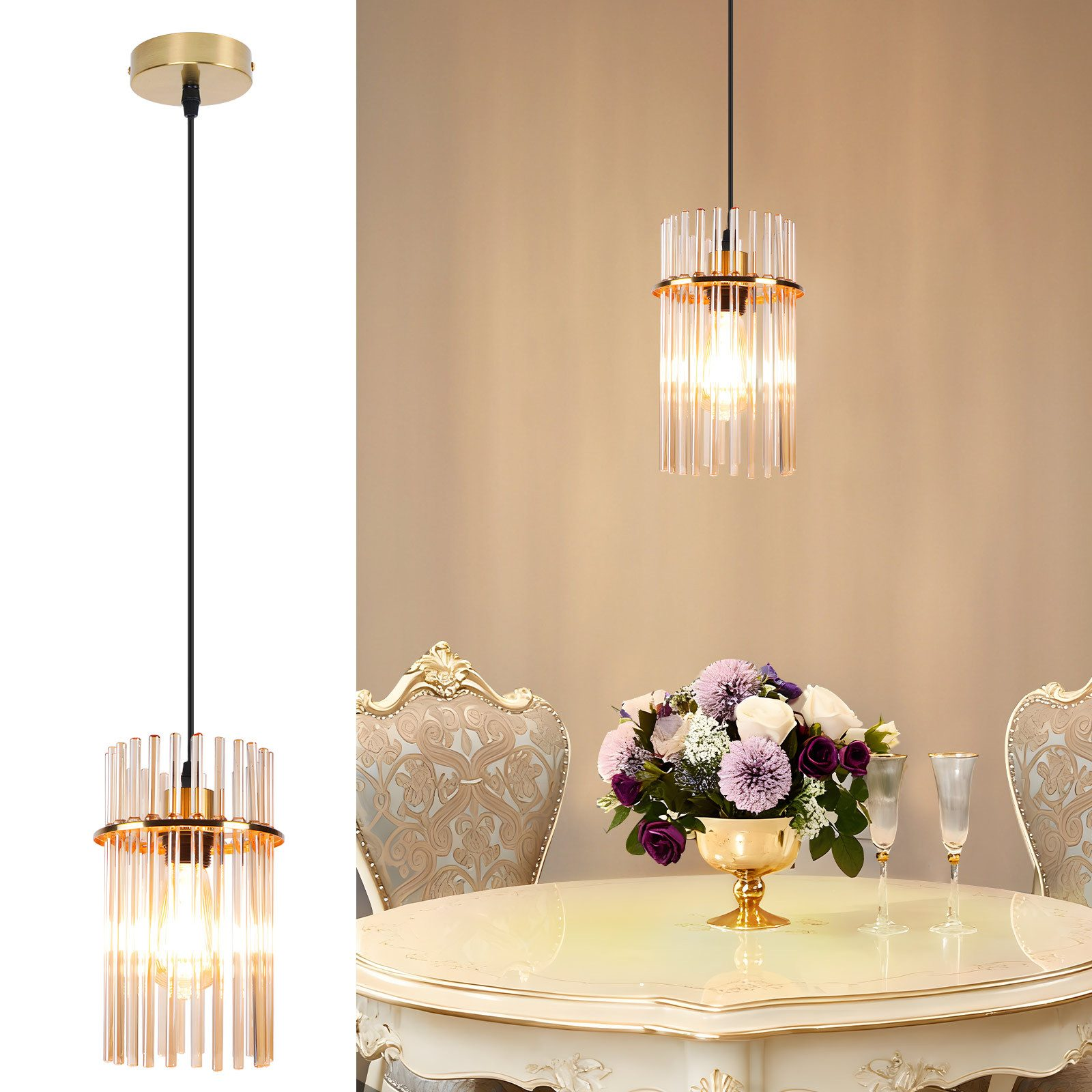 Un lampadario è sospeso sopra un tavolo con fiori e bicchieri. La stanza ha pareti beige e sedie decorate.