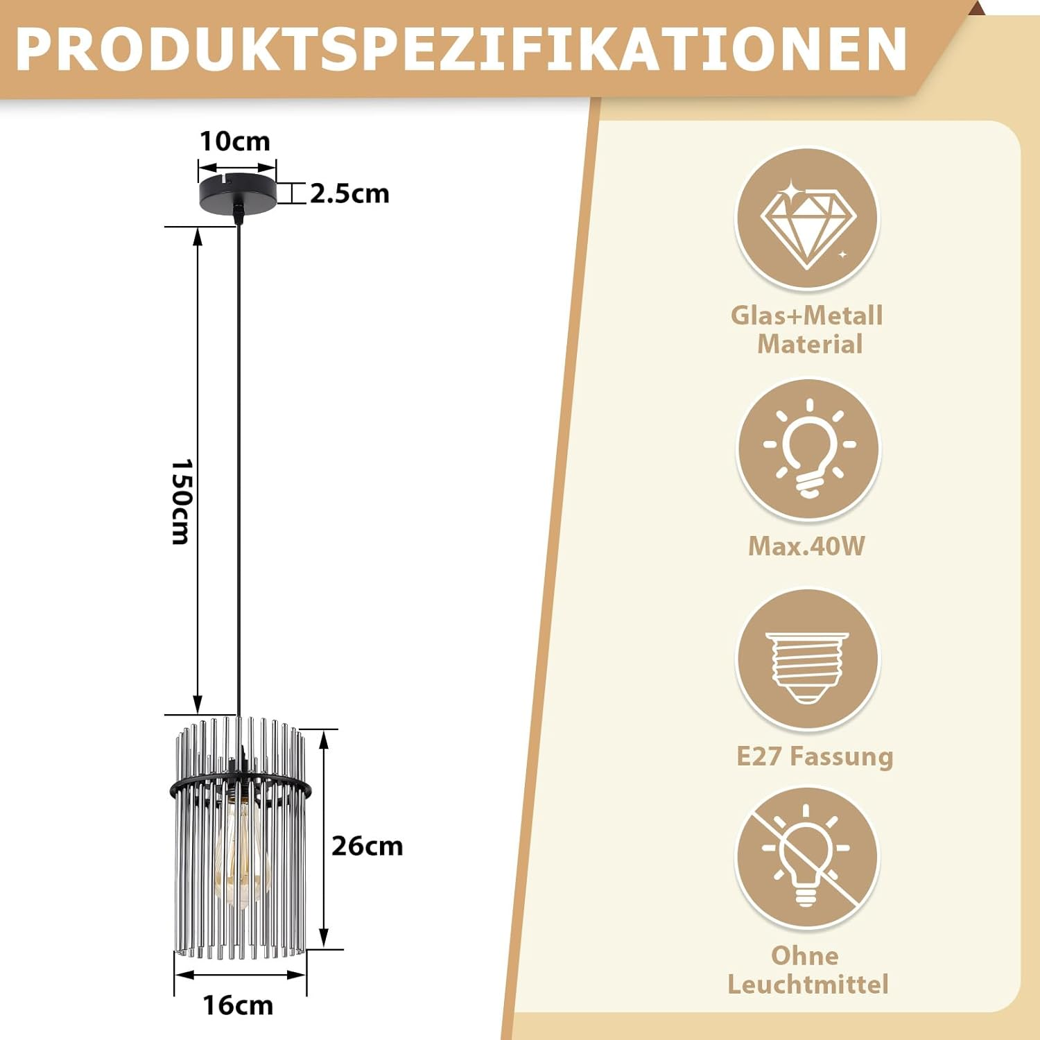 Una lampada a sospensione con dimensioni. Ha una parte superiore nera, un lungo filo e un paralume cilindrico. Specifiche: vetro+metallo, max 40W, E27, senza lampadina.