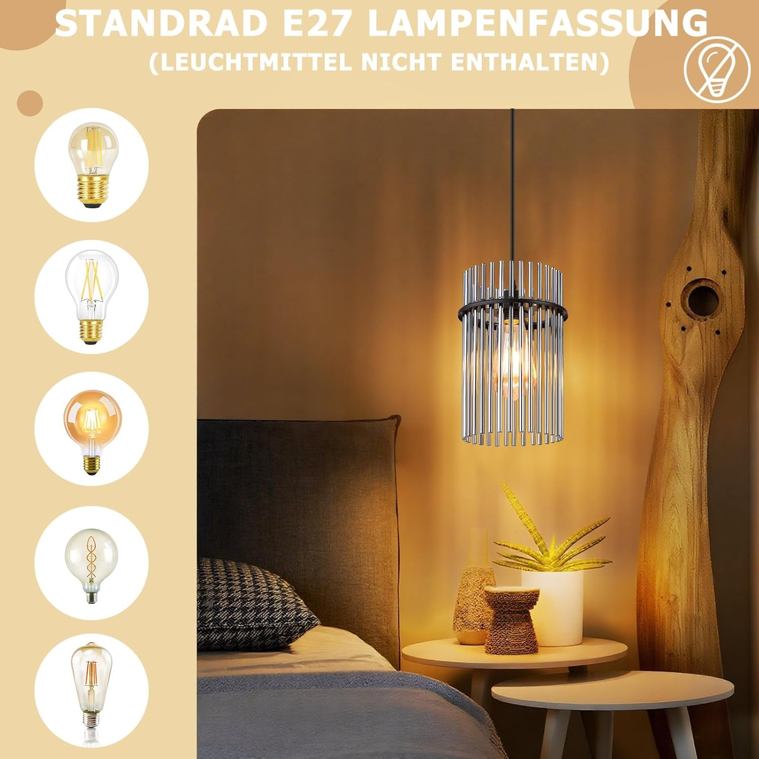 Una lampada moderna è appesa sopra un comodino con una pianta. La scena include una testiera, un'elica di legno e varie lampadine.