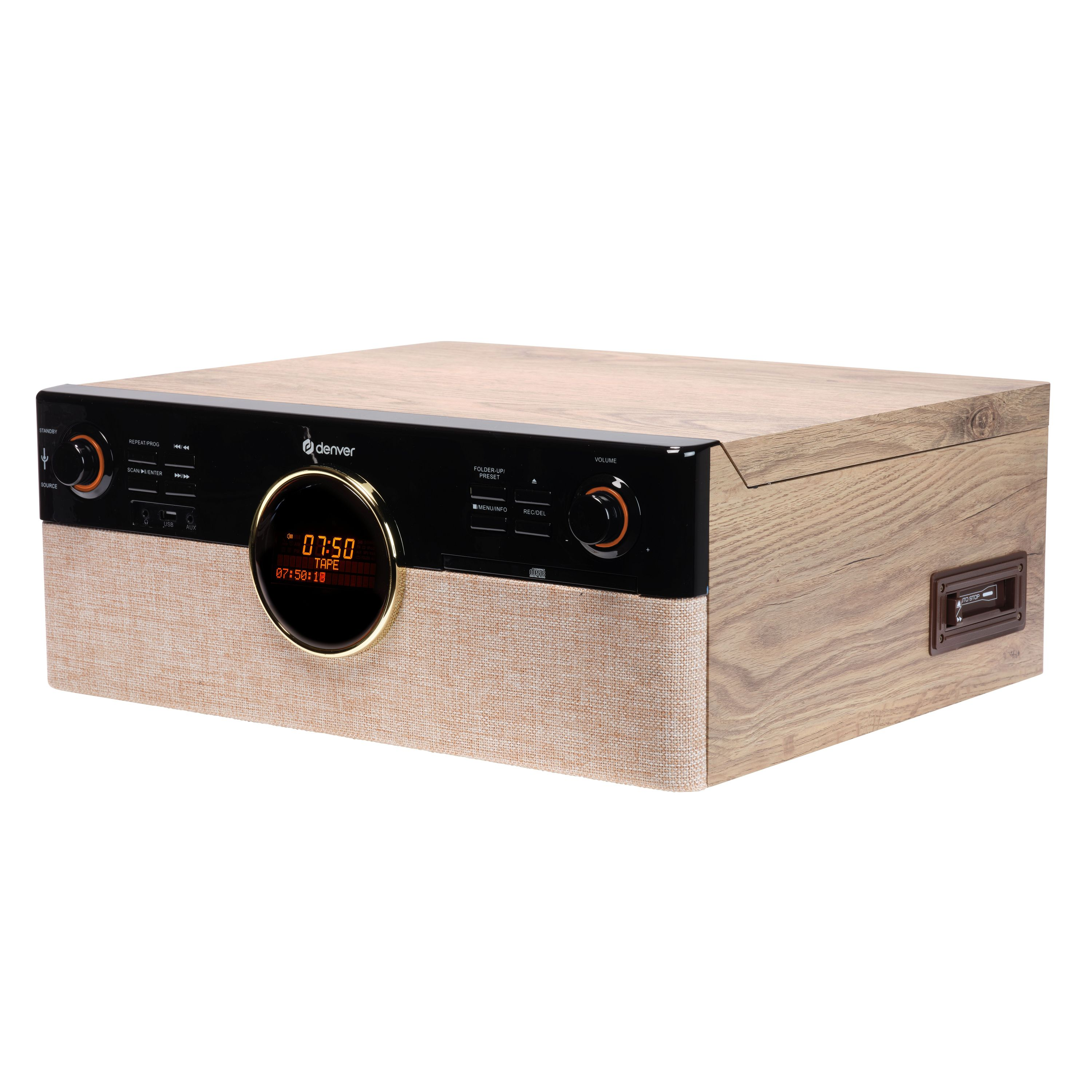 Ein hölzernes Stereosystem mit schwarzer Front, Knöpfen und einem Digitaldisplay.