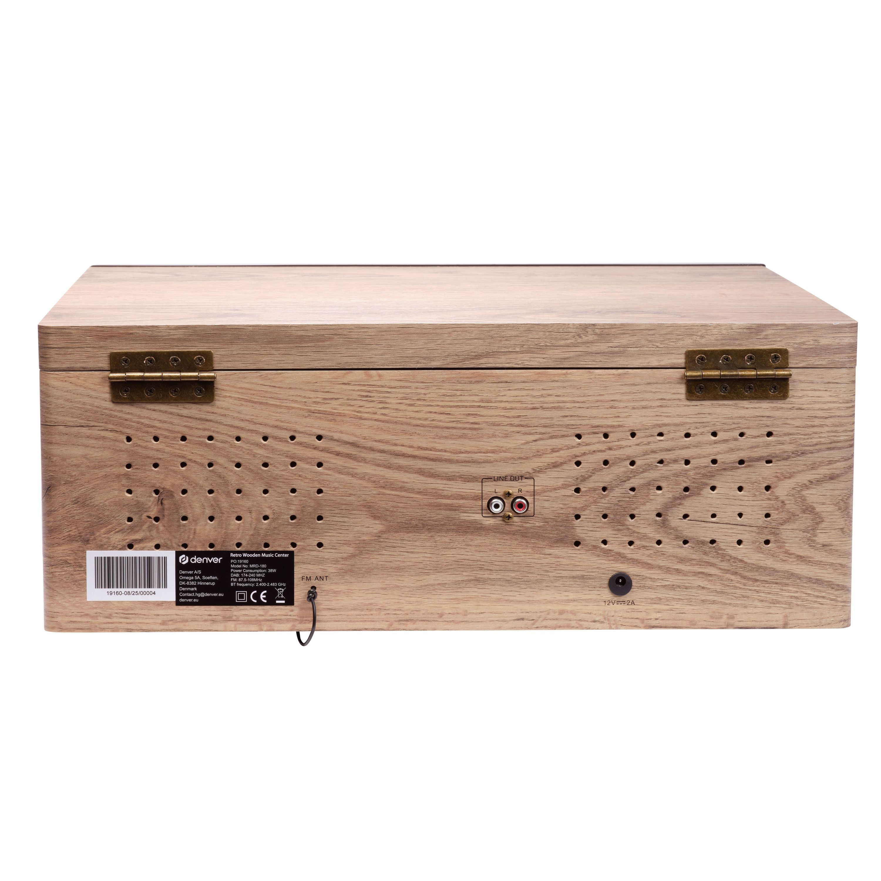 Rückansicht des Musikcenters aus Holz mit Anschlüssen, Lüftungsschlitzen und Markendetails. Helle Holzoptik.
