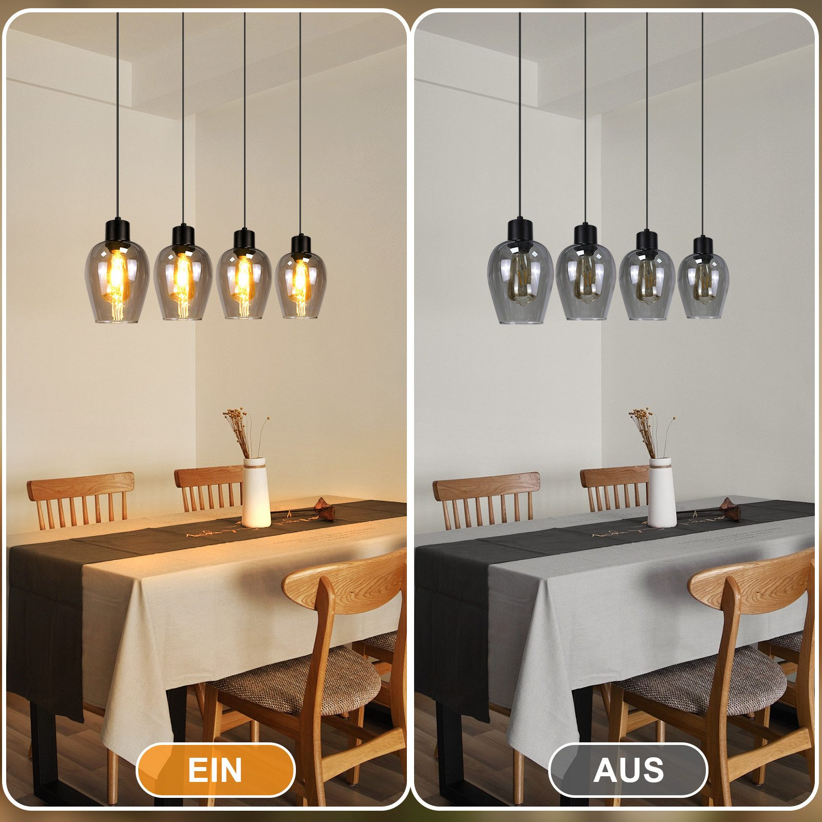 Due scene di sala da pranzo, una illuminata, una scura, ciascuna con quattro luci a sospensione, tavolo, sedie e centrotavola. Una con 'EIN', l'altra 'AUS'.