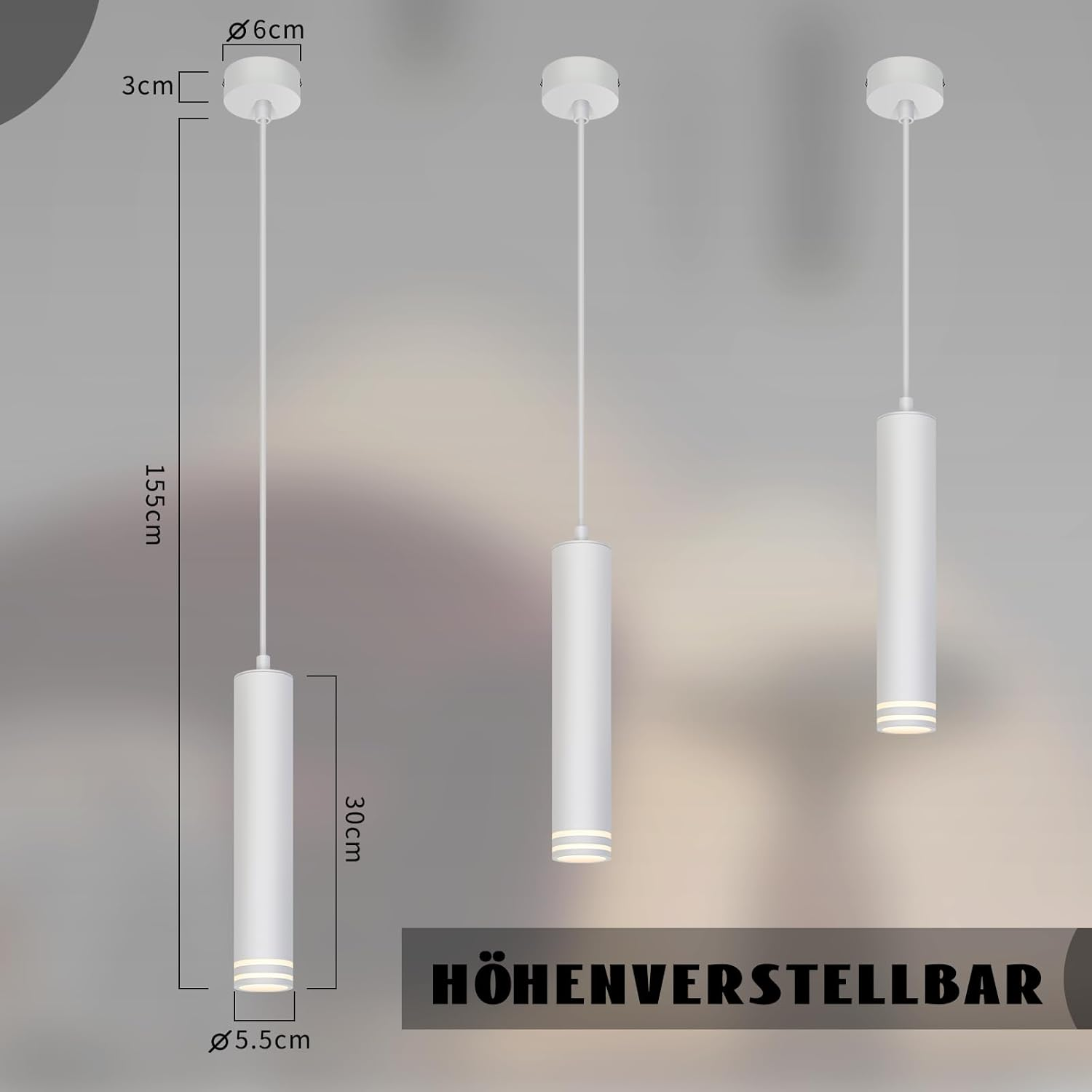 Tre lampade a sospensione cilindriche bianche. Dimensioni: 155 cm, 30 cm e 5,5 cm di diametro. Testo: HÖHENVERSTELLBAR.