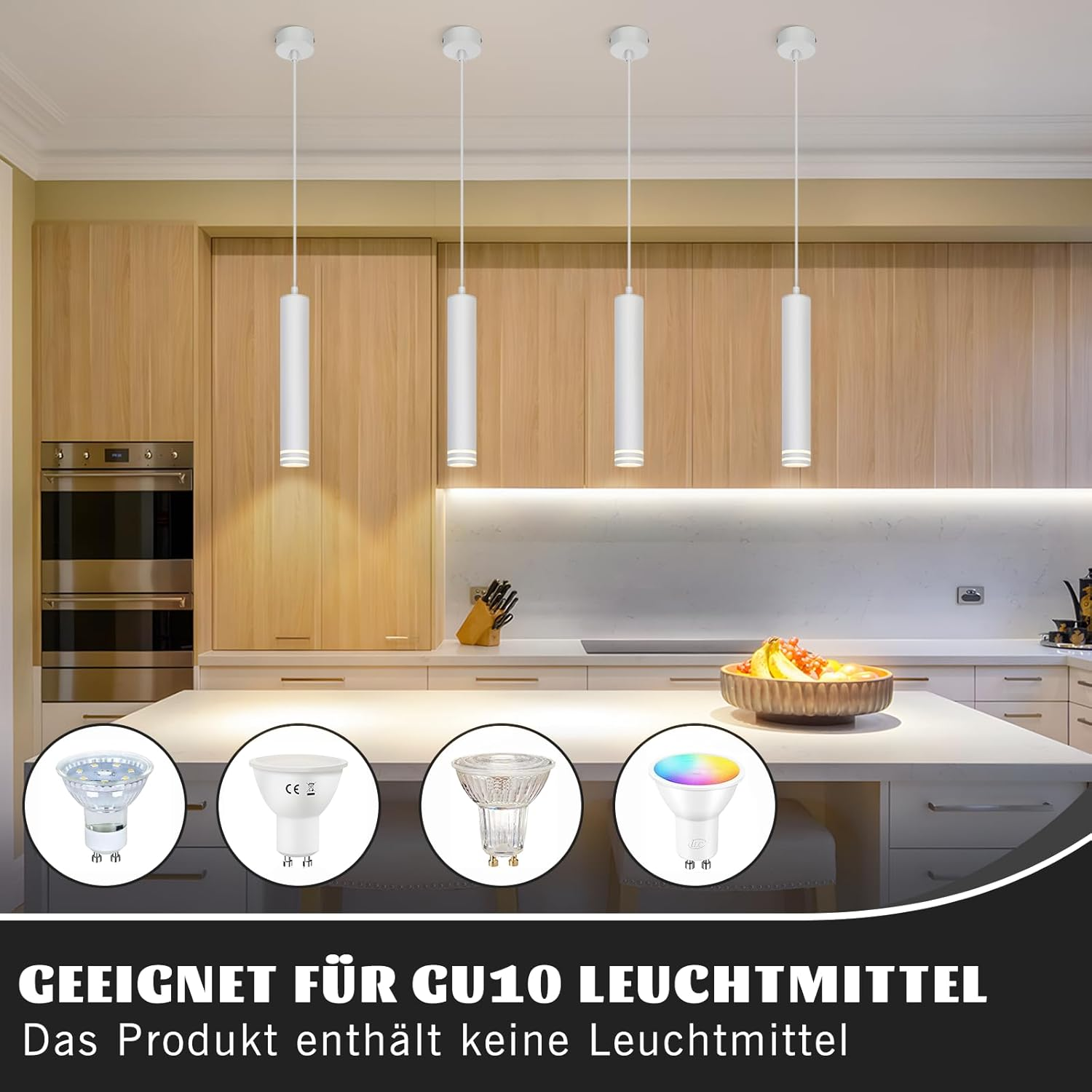 Cucina con lampade a sospensione e piano di lavoro. Sotto, diverse lampadine GU10. Il testo recita: Adatto per lampadine GU10.