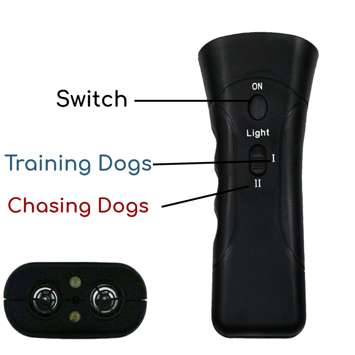 Schwarzes Hundetrainingsgerät. Hat einen Ein-/Ausschalter, Licht und Einstellungen zum Trainieren und Jagen. Ein separater Teil zeigt zwei Lautsprecher-ähnliche Elemente.