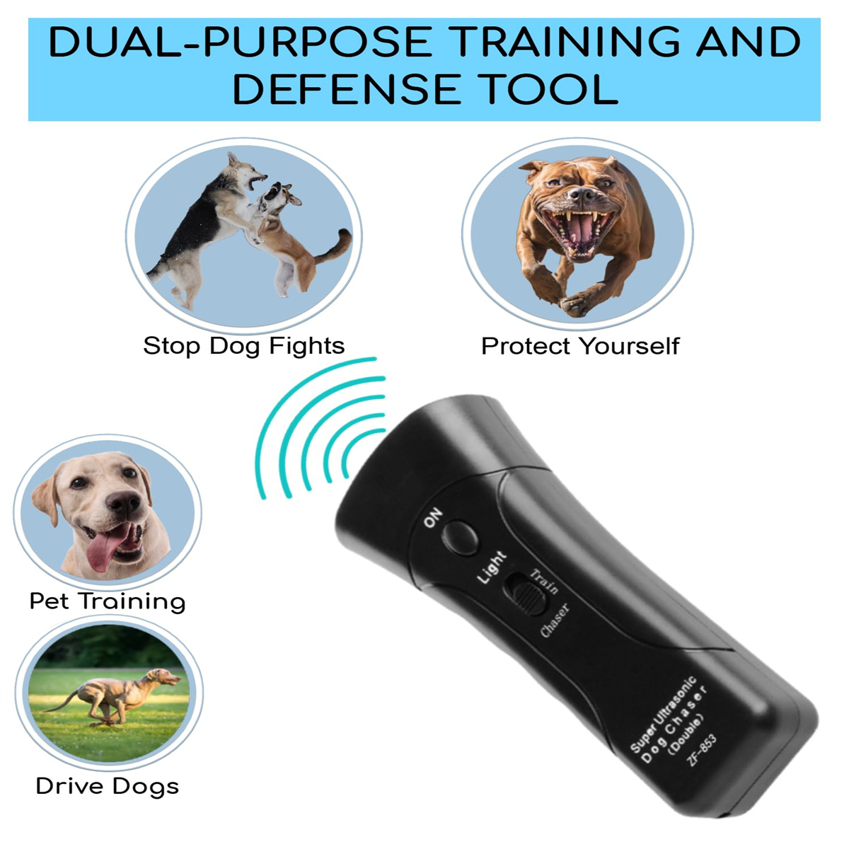 Das Bild zeigt einen schwarzen Hundevertreiber mit Funktionen: Hunde bekämpfen, sich schützen, Haustiertraining und Hunde vertreiben.