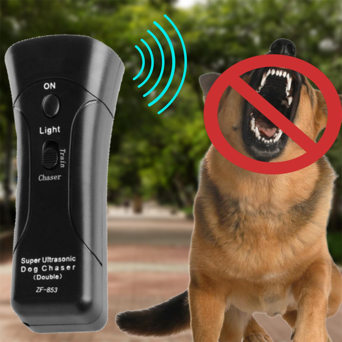 Ein schwarzer Hundevertreiber mit Schallwellen. Ein bellender Hund ist mit einem roten Kreis durchgestrichen. Grüner verschwommener Hintergrund.