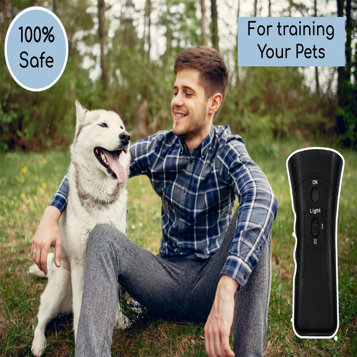 Mann und Husky-Hund im Freien. Ein Gerät mit Knöpfen ist vorhanden. Text lautet: 'Für das Training Ihrer Haustiere' und '100% sicher'.