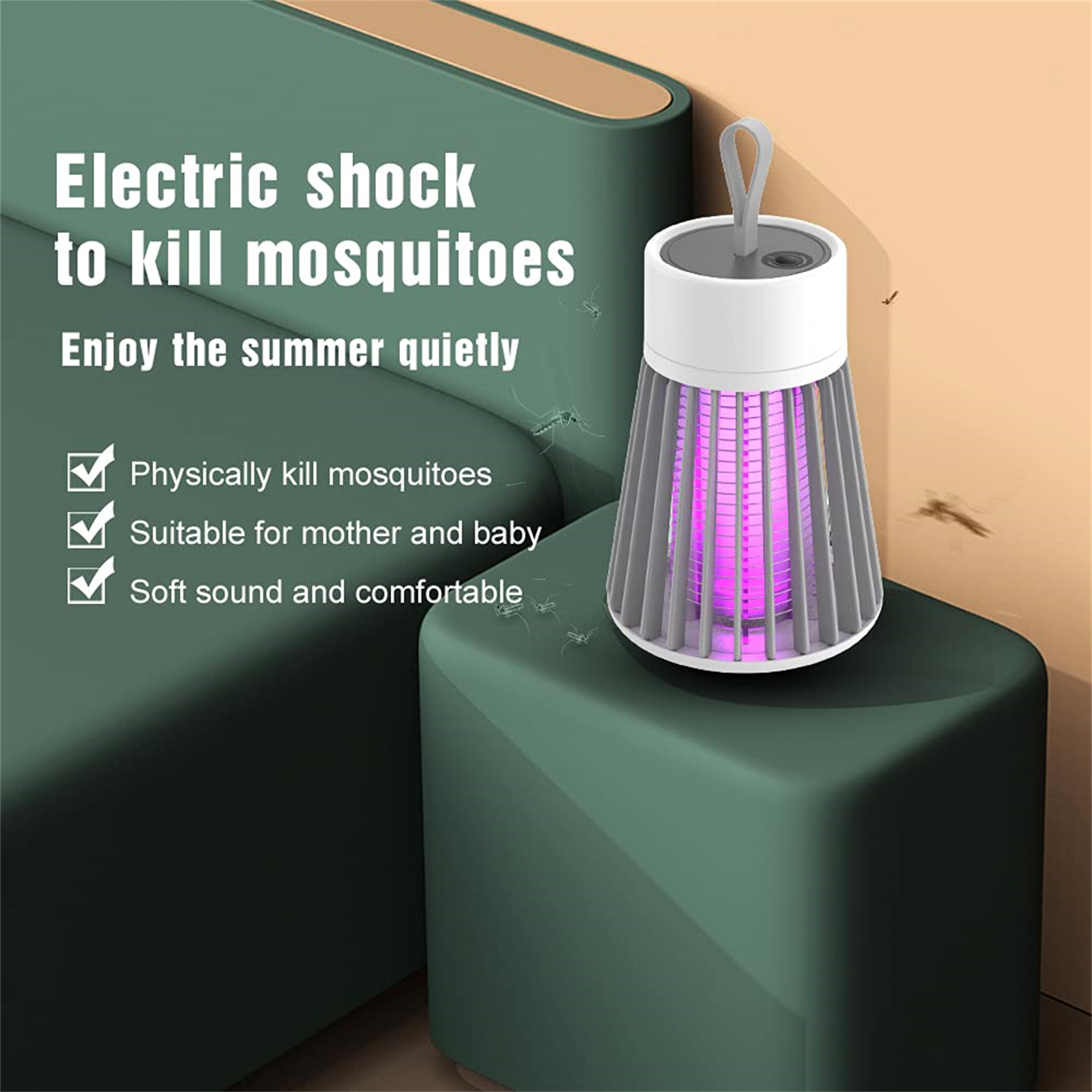 Ein elektrischer Moskitokiller. Er ist weiß und grau, mit violettem Licht im Inneren. Der Hintergrund sind zwei grüne Blöcke.